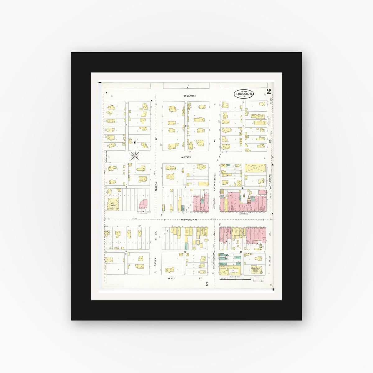 Old map wall art mockup — black gallery frame with white mat — Sanborn Fire Insurance Map from Eagle Grove, Wright County, Iowa (1906), Sheet #0002