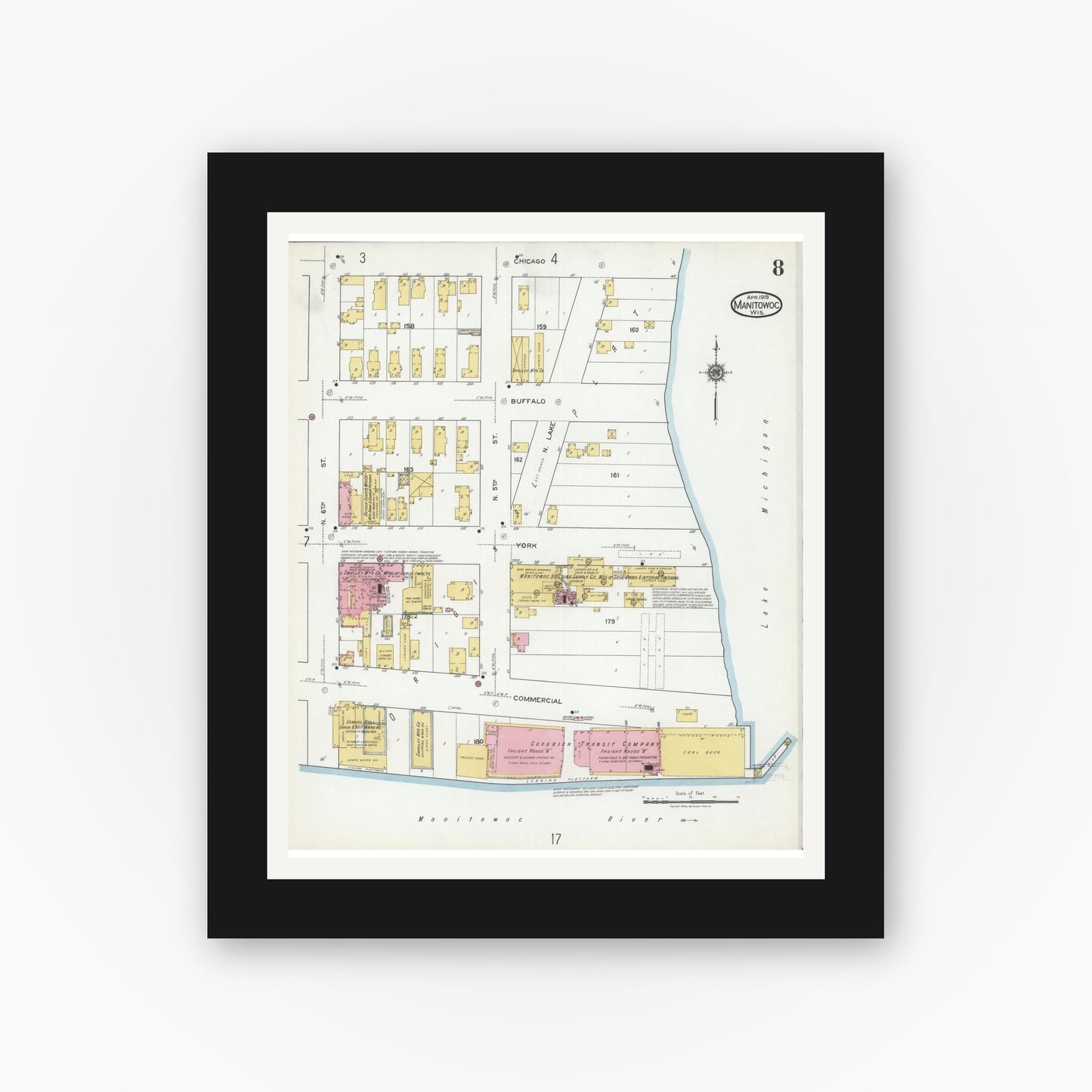 Old map wall art mockup — black gallery frame with white mat — Sanborn Fire Insurance Map from Manitowoc, Manitowoc County, Wisconsin (1919), Sheet #0008