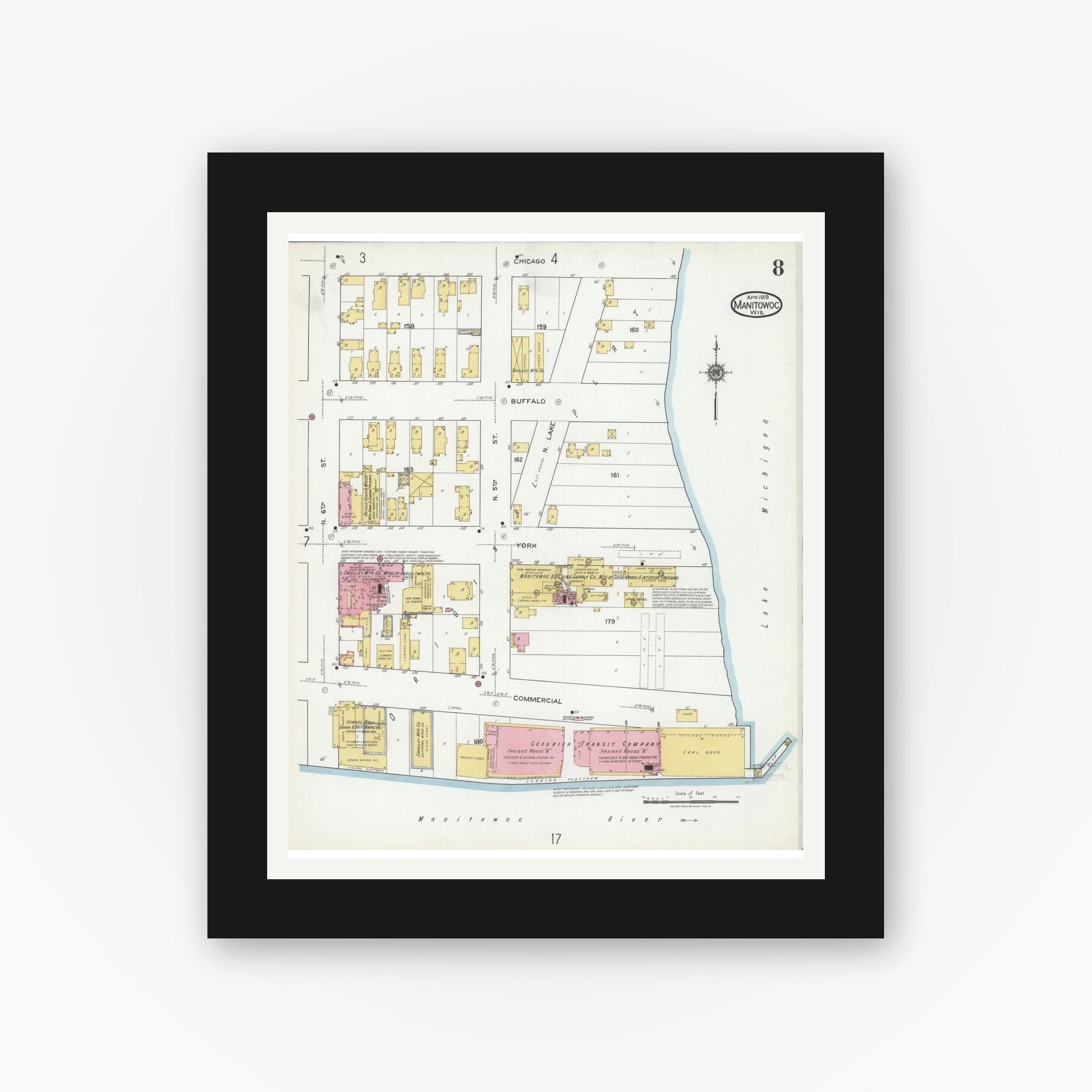 Old map wall art mockup — black gallery frame with white mat — Sanborn Fire Insurance Map from Manitowoc, Manitowoc County, Wisconsin (1919), Sheet #0008