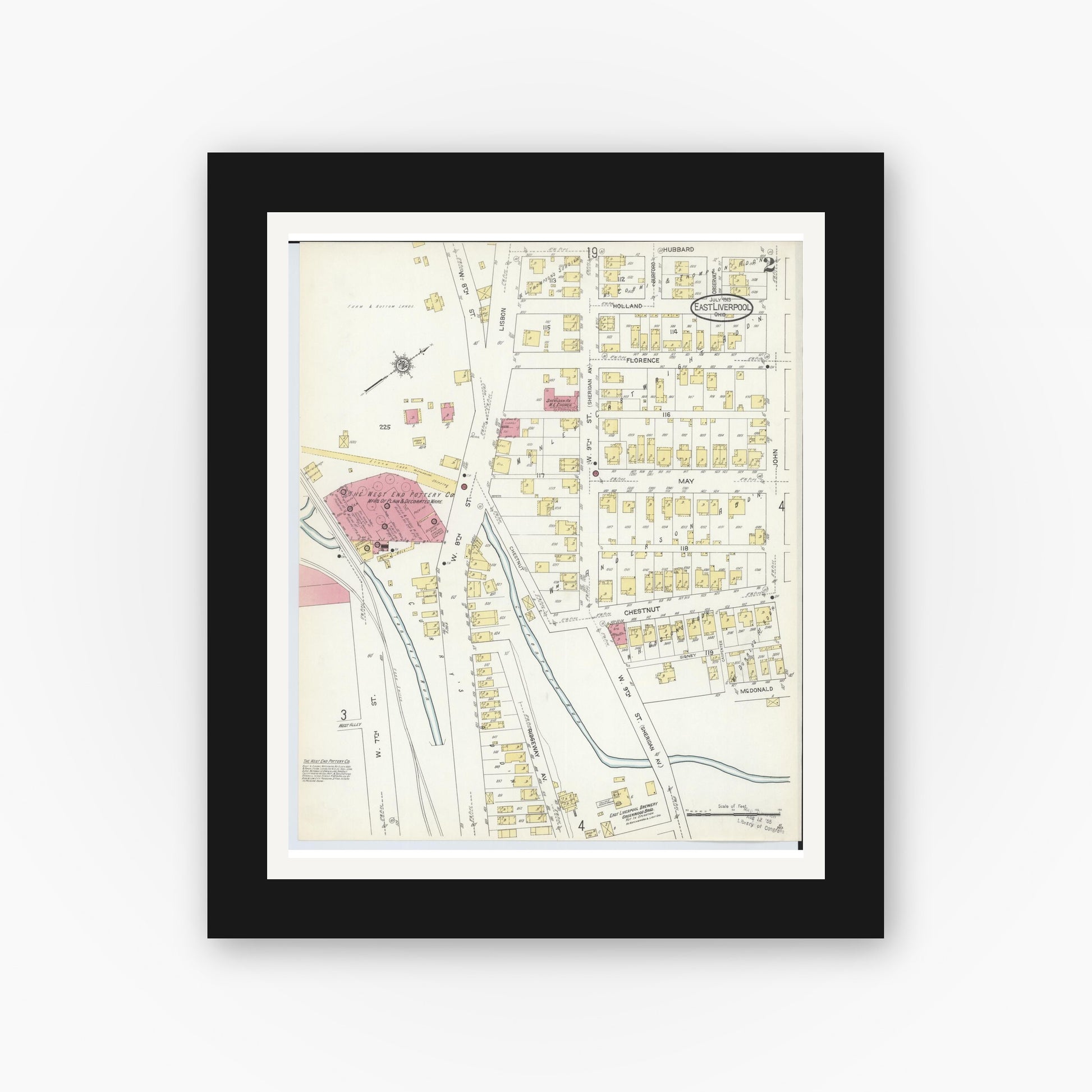 Old map wall art mockup — black gallery frame with white mat — Sanborn Fire Insurance Map from East Liverpool, Columbiana County, Ohio (1913), Sheet #0002