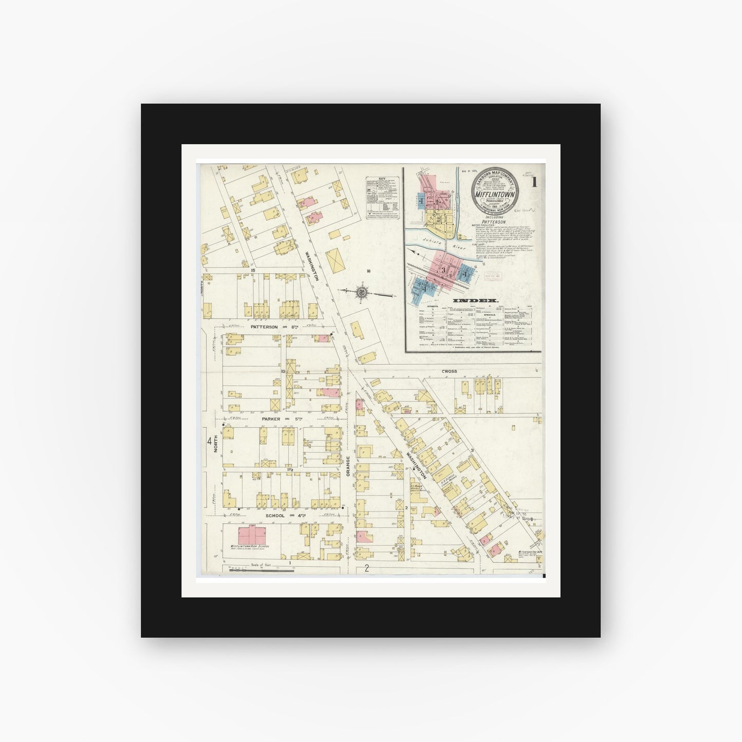 Old map wall art mockup — black gallery frame with white mat — Sanborn Fire Insurance Map from Mifflintown, Juniata County, Pennsylvania (1911) - Complete Map Set