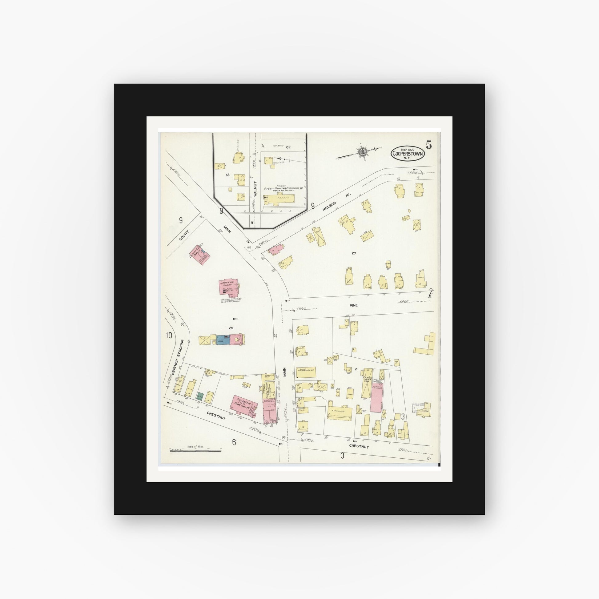 Old map wall art mockup — black gallery frame with white mat — Sanborn Fire Insurance Map from Cooperstown, Otsego County, New York (1909), Sheet #0005