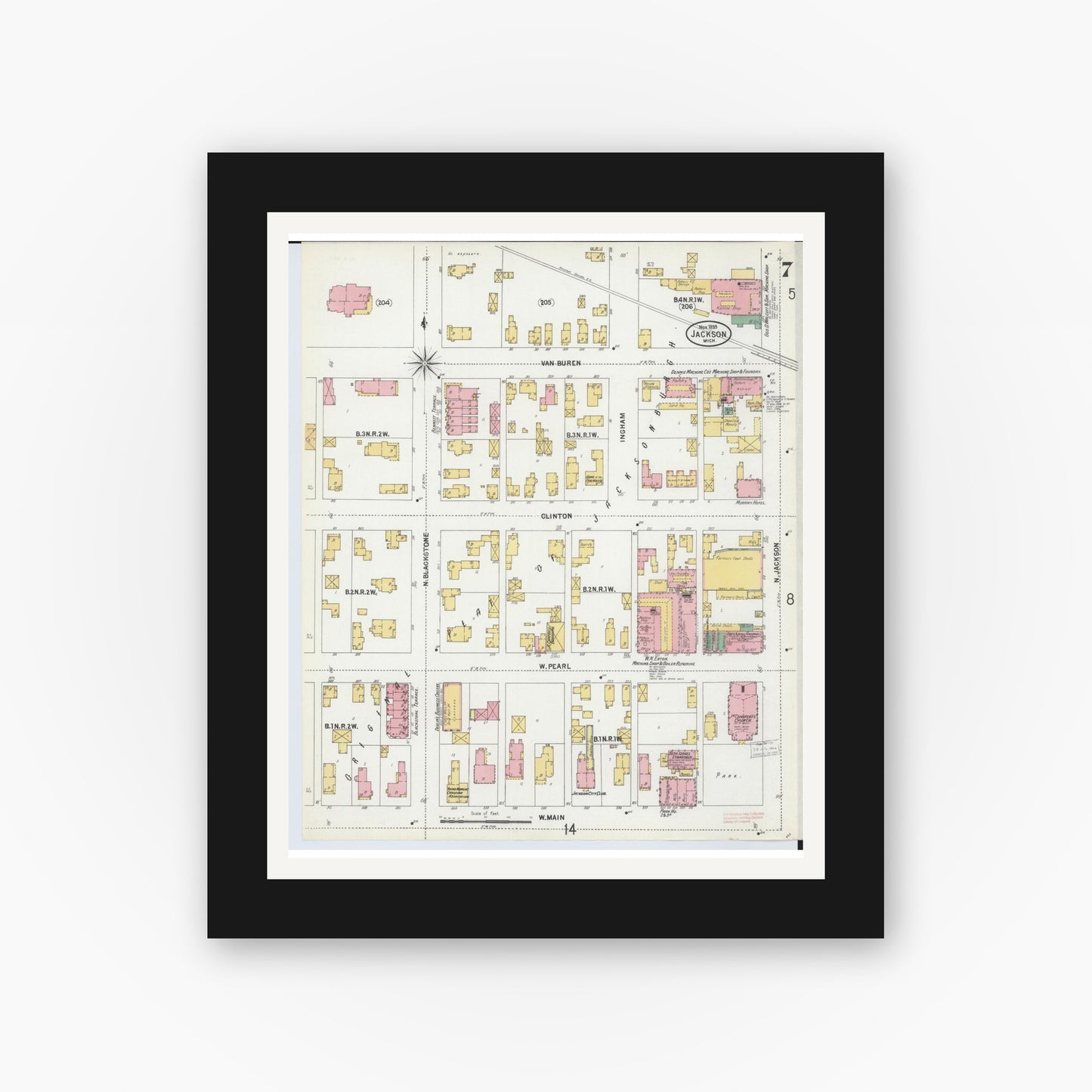 Old map wall art mockup — black gallery frame with white mat — Sanborn Fire Insurance Map from Jackson, Jackson County, Michigan (1899), Sheet #0007