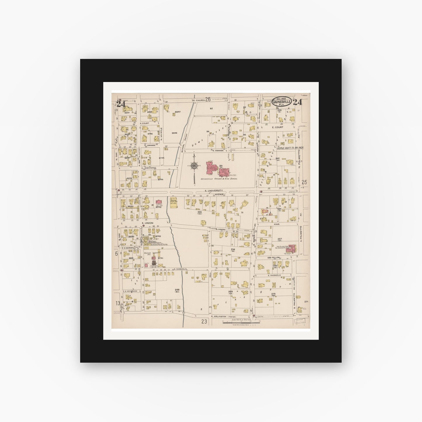 Old map wall art mockup — black gallery frame with white mat — Sanborn Fire Insurance Map from Gainesville, Alachua County, Florida (1922), Sheet #0024