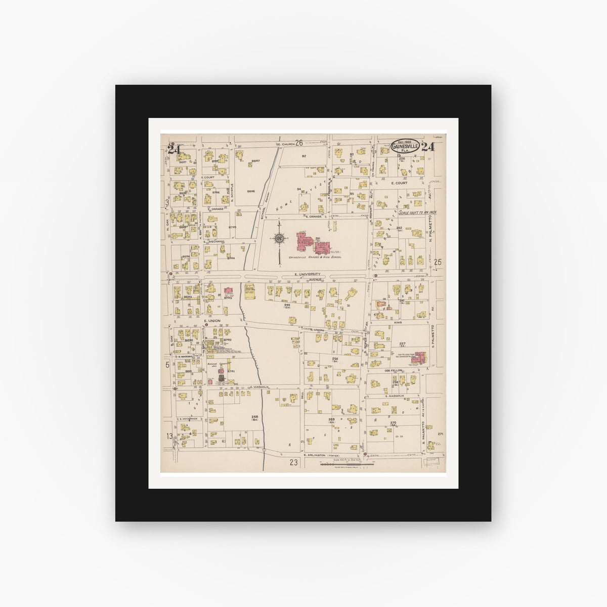 Old map wall art mockup — black gallery frame with white mat — Sanborn Fire Insurance Map from Gainesville, Alachua County, Florida (1922), Sheet #0024