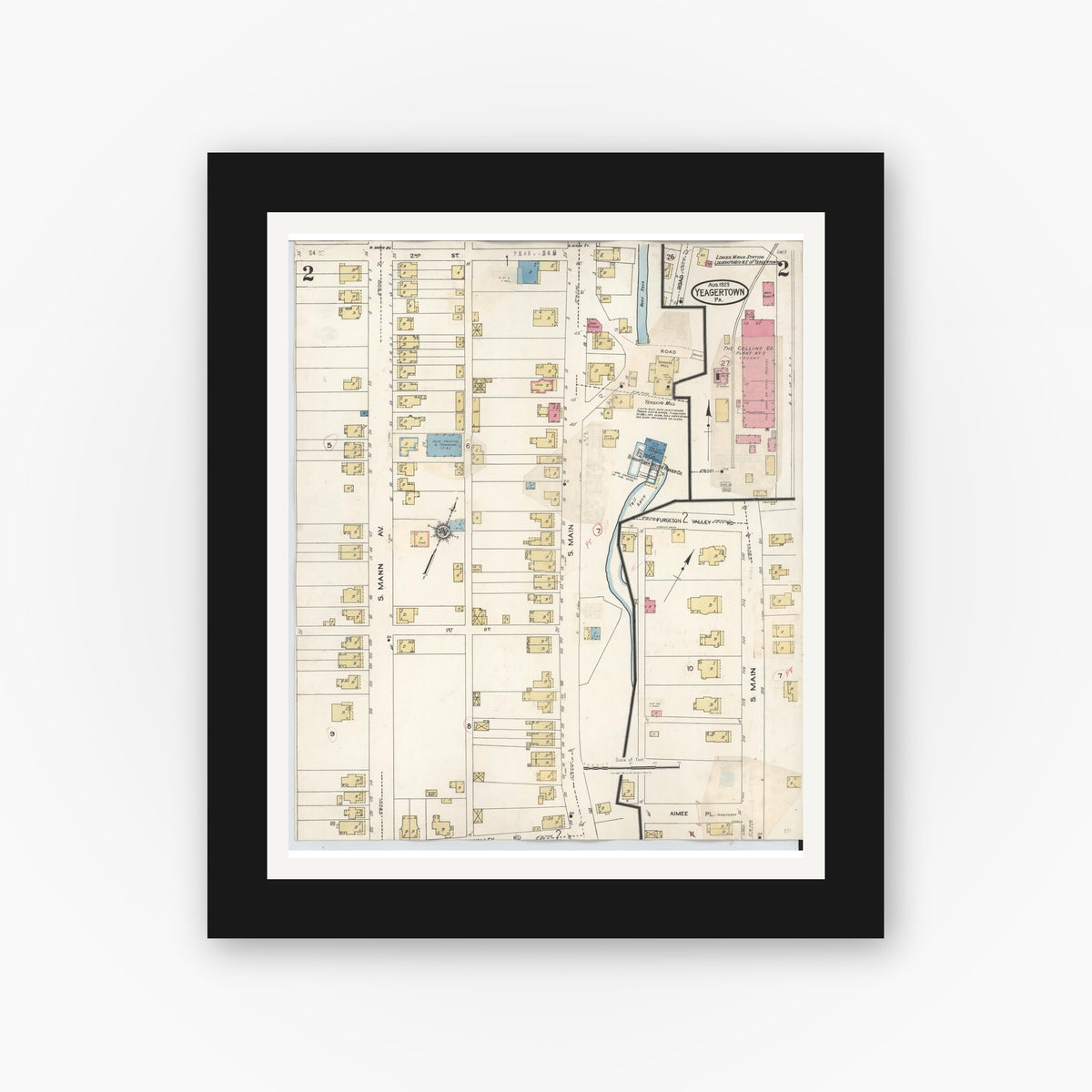 Old map wall art mockup — black gallery frame with white mat — Sanborn Fire Insurance Map from Yeagertown, Mifflin County, Pennsylvania (1928), Sheet #0002