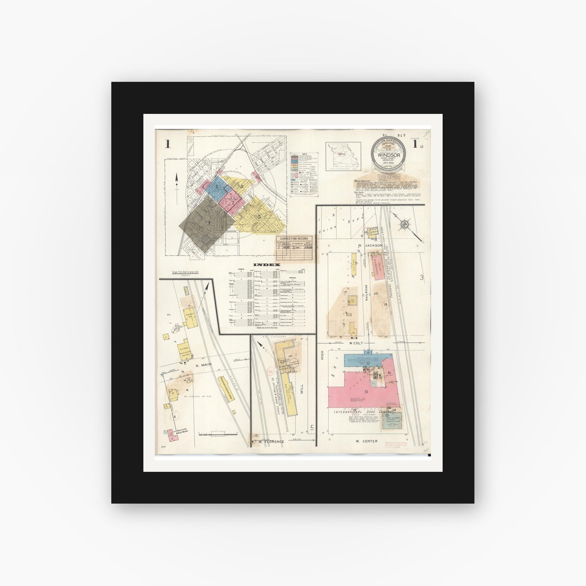 Old map wall art mockup — black gallery frame with white mat — Sanborn Fire Insurance Map from Windsor, Henry County, Missouri (1943), Sheet #0001