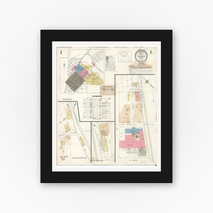 Old map wall art mockup — black gallery frame with white mat — Sanborn Fire Insurance Map from Windsor, Henry County, Missouri (1943), Sheet #0001