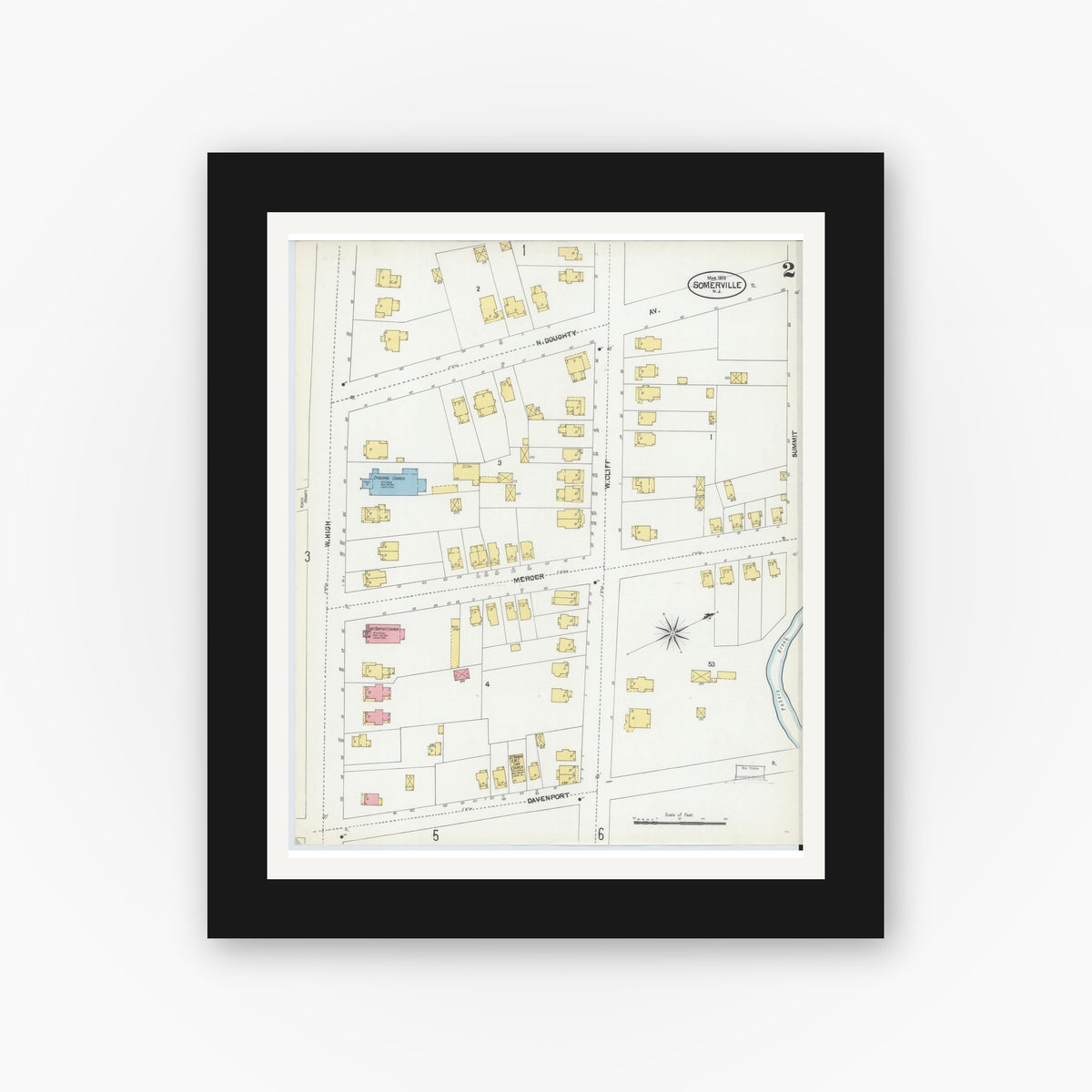 Old map wall art mockup — black gallery frame with white mat — Sanborn Fire Insurance Map from Somerville, Somerset County, New Jersey (1902), Sheet #0002