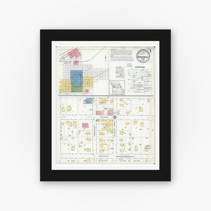 Old map wall art mockup — black gallery frame with white mat — Sanborn Fire Insurance Map from Harrisonville, Cass County, Missouri (1918), Sheet #0001