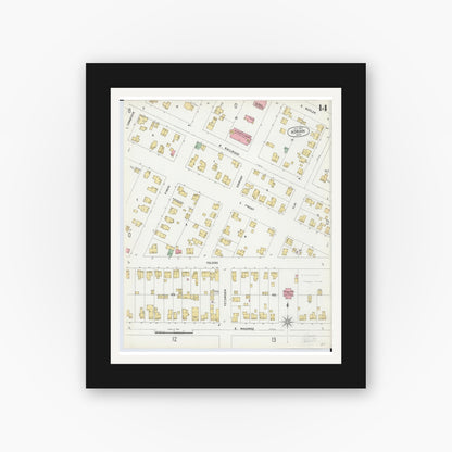 Old map wall art mockup — black gallery frame with white mat — Sanborn Fire Insurance Map from Adrian, Lenawee County, Michigan (1899), Sheet #0014