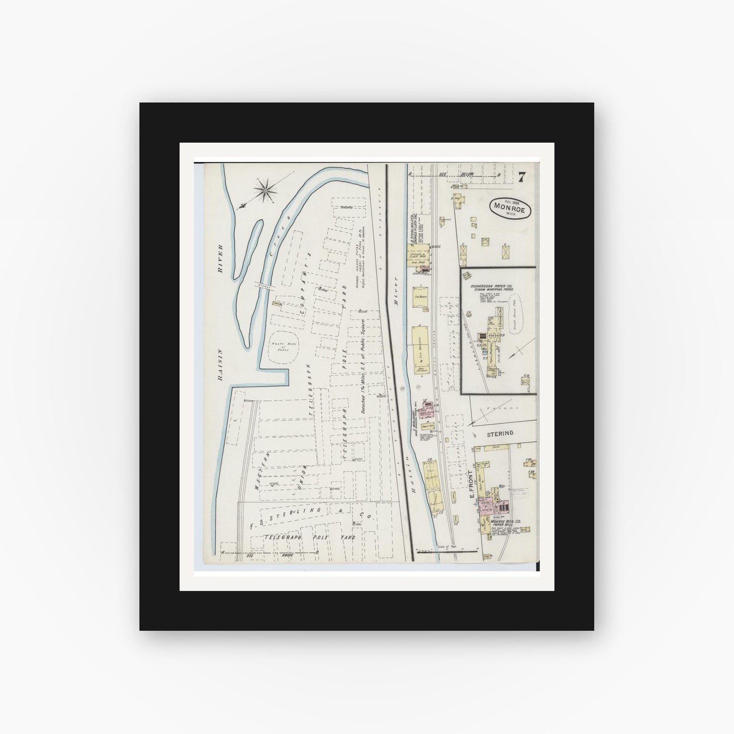 Old map wall art mockup — black gallery frame with white mat — Sanborn Fire Insurance Map from Monroe, Monroe County, Michigan (1888), Sheet #0007