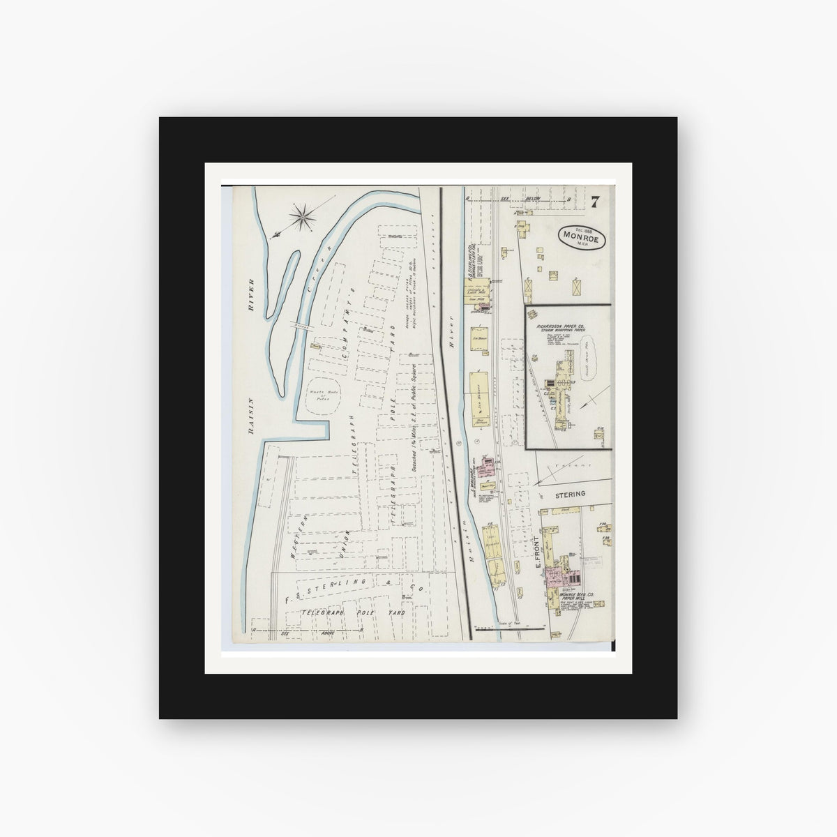 Old map wall art mockup — black gallery frame with white mat — Sanborn Fire Insurance Map from Monroe, Monroe County, Michigan (1888), Sheet #0007