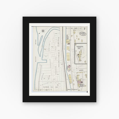 Old map wall art mockup — black gallery frame with white mat — Sanborn Fire Insurance Map from Monroe, Monroe County, Michigan (1888), Sheet #0007