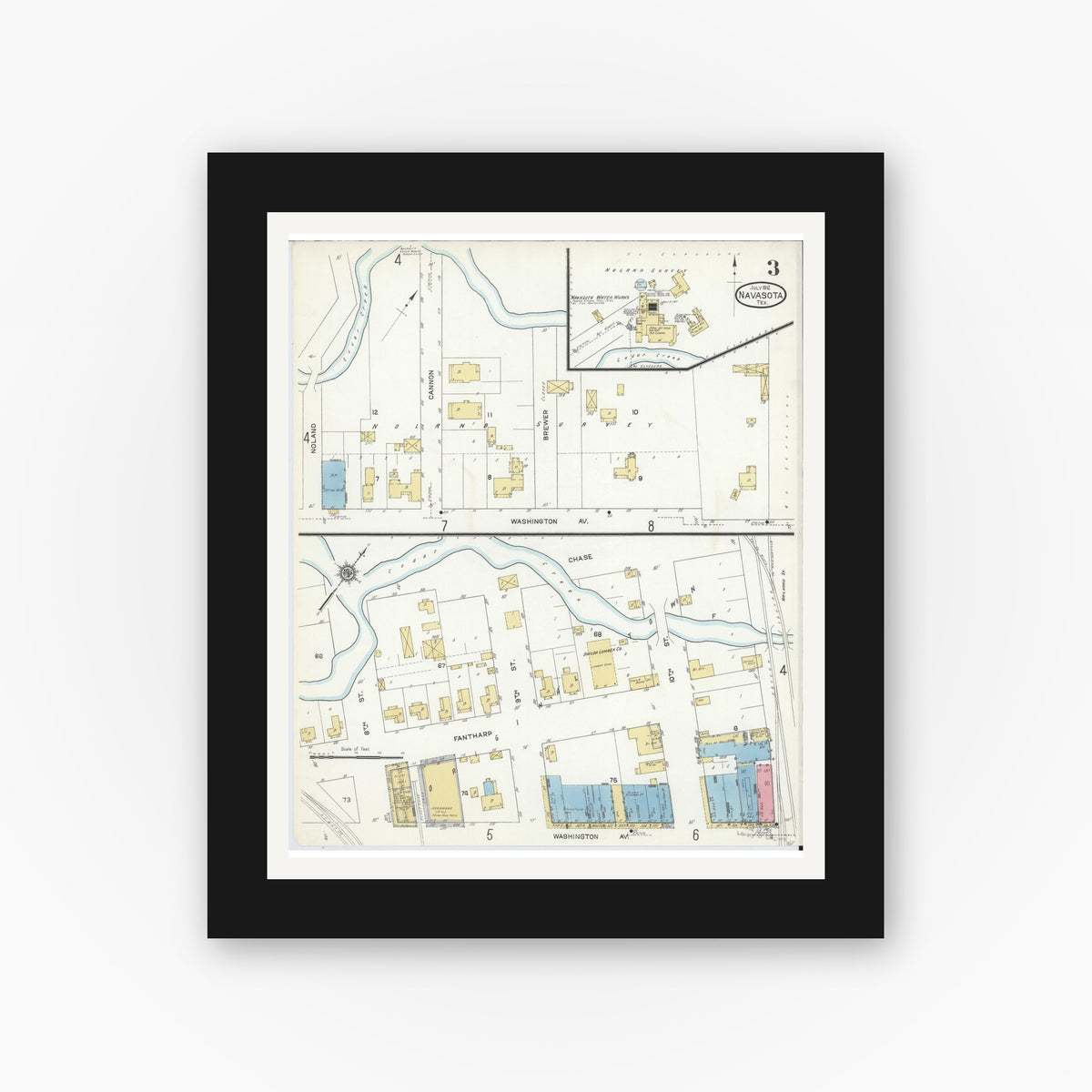 Old map wall art mockup — black gallery frame with white mat — Sanborn Fire Insurance Map from Navasota, Grimes County, Texas (1912), Sheet #0003