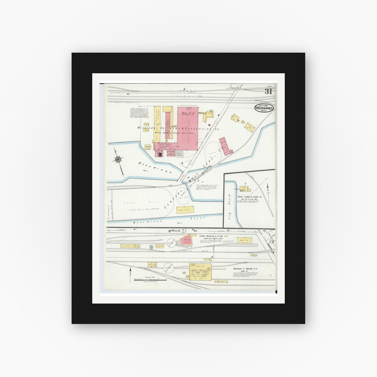 Old map wall art mockup — black gallery frame with white mat — Sanborn Fire Insurance Map from Menominee, Menominee County, Michigan (1921), Sheet #0031