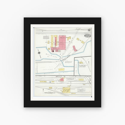 Old map wall art mockup — black gallery frame with white mat — Sanborn Fire Insurance Map from Menominee, Menominee County, Michigan (1921), Sheet #0031