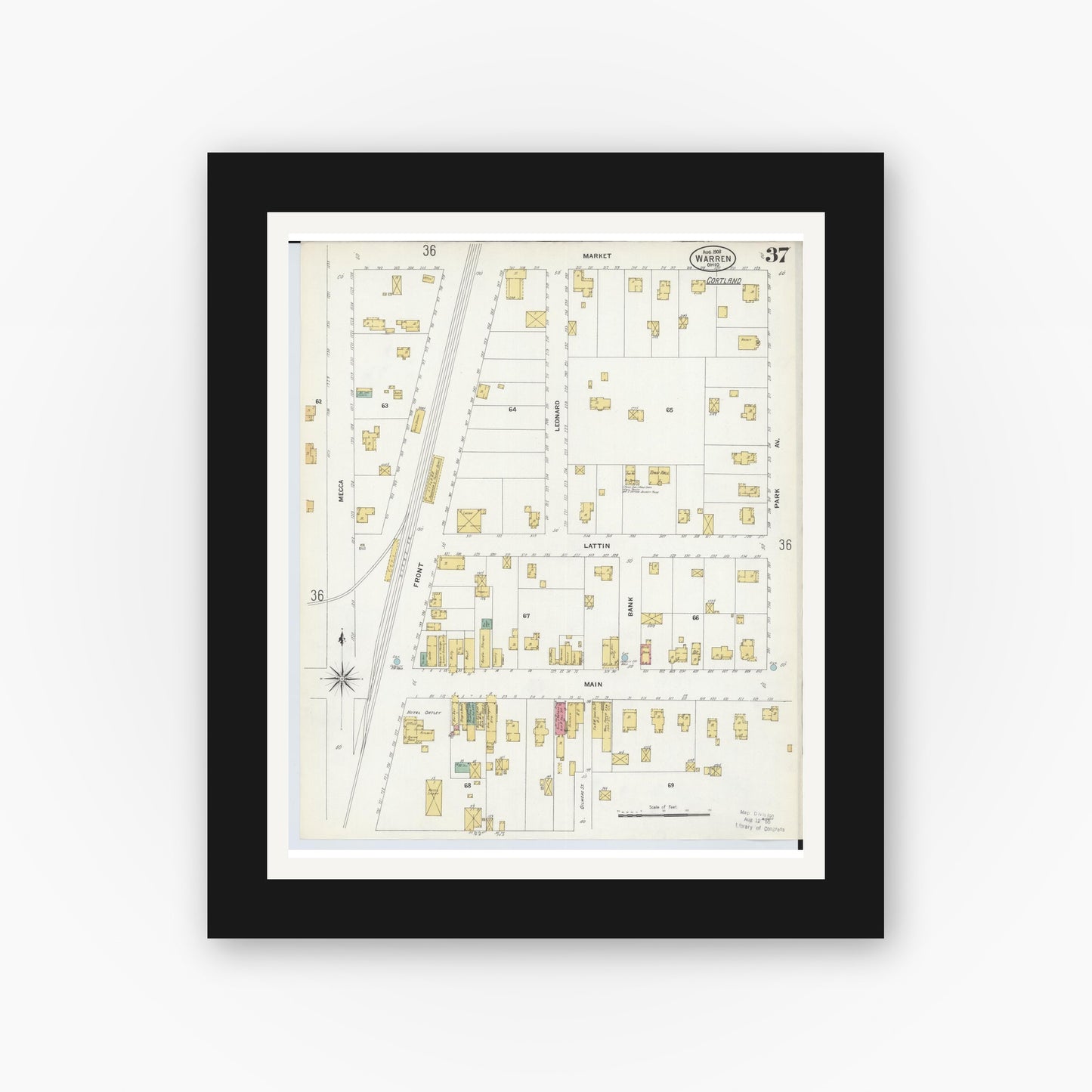 Old map wall art mockup — black gallery frame with white mat — Sanborn Fire Insurance Map from Warren, Trumbull County, Ohio (1908), Sheet #0037