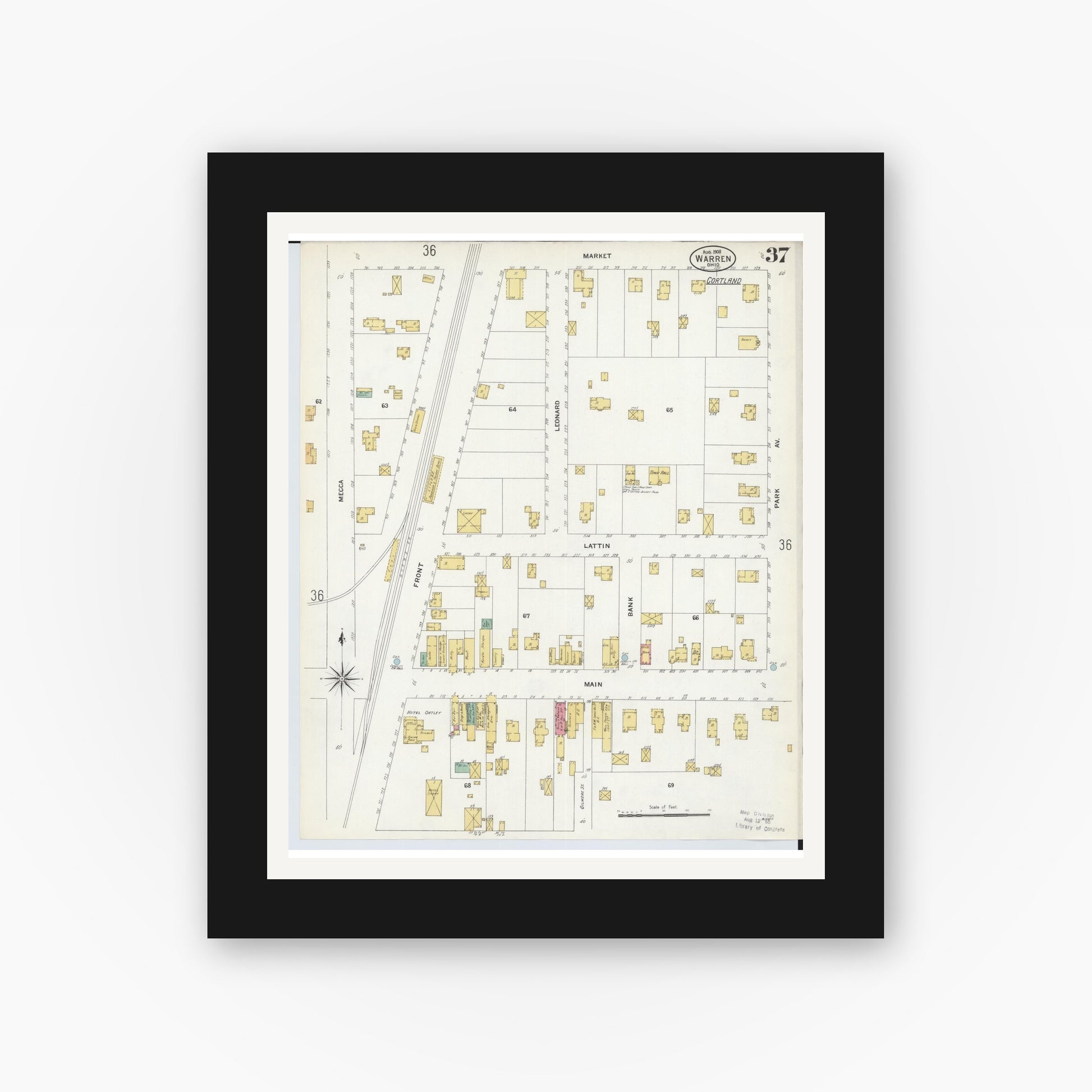 Old map wall art mockup — black gallery frame with white mat — Sanborn Fire Insurance Map from Warren, Trumbull County, Ohio (1908), Sheet #0037