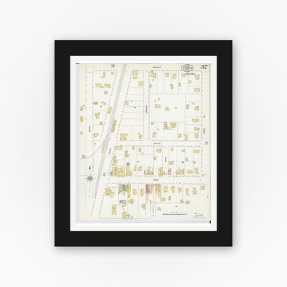 Old map wall art mockup — black gallery frame with white mat — Sanborn Fire Insurance Map from Warren, Trumbull County, Ohio (1908), Sheet #0037