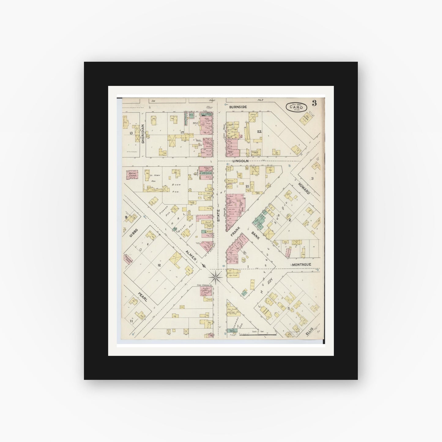 Old map wall art mockup — black gallery frame with white mat — Sanborn Fire Insurance Map from Caro, Tuscola County, Michigan (1890), Sheet #0003