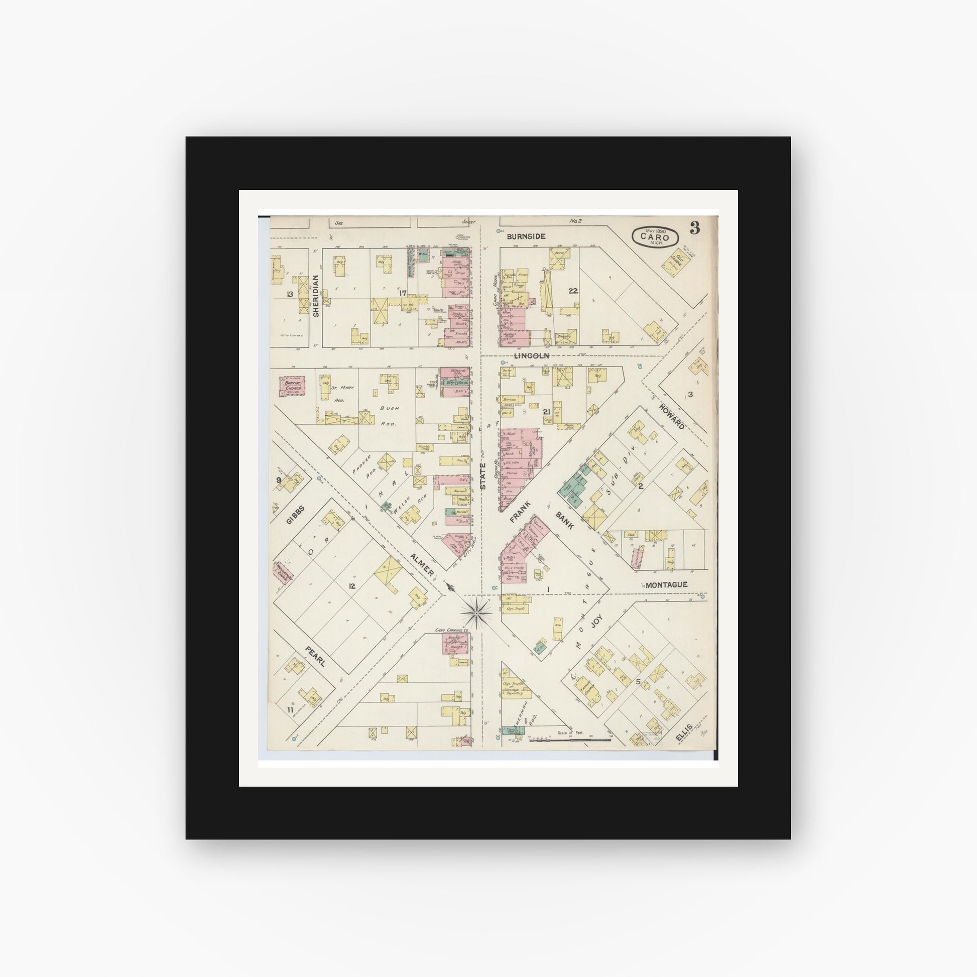 Old map wall art mockup — black gallery frame with white mat — Sanborn Fire Insurance Map from Caro, Tuscola County, Michigan (1890), Sheet #0003