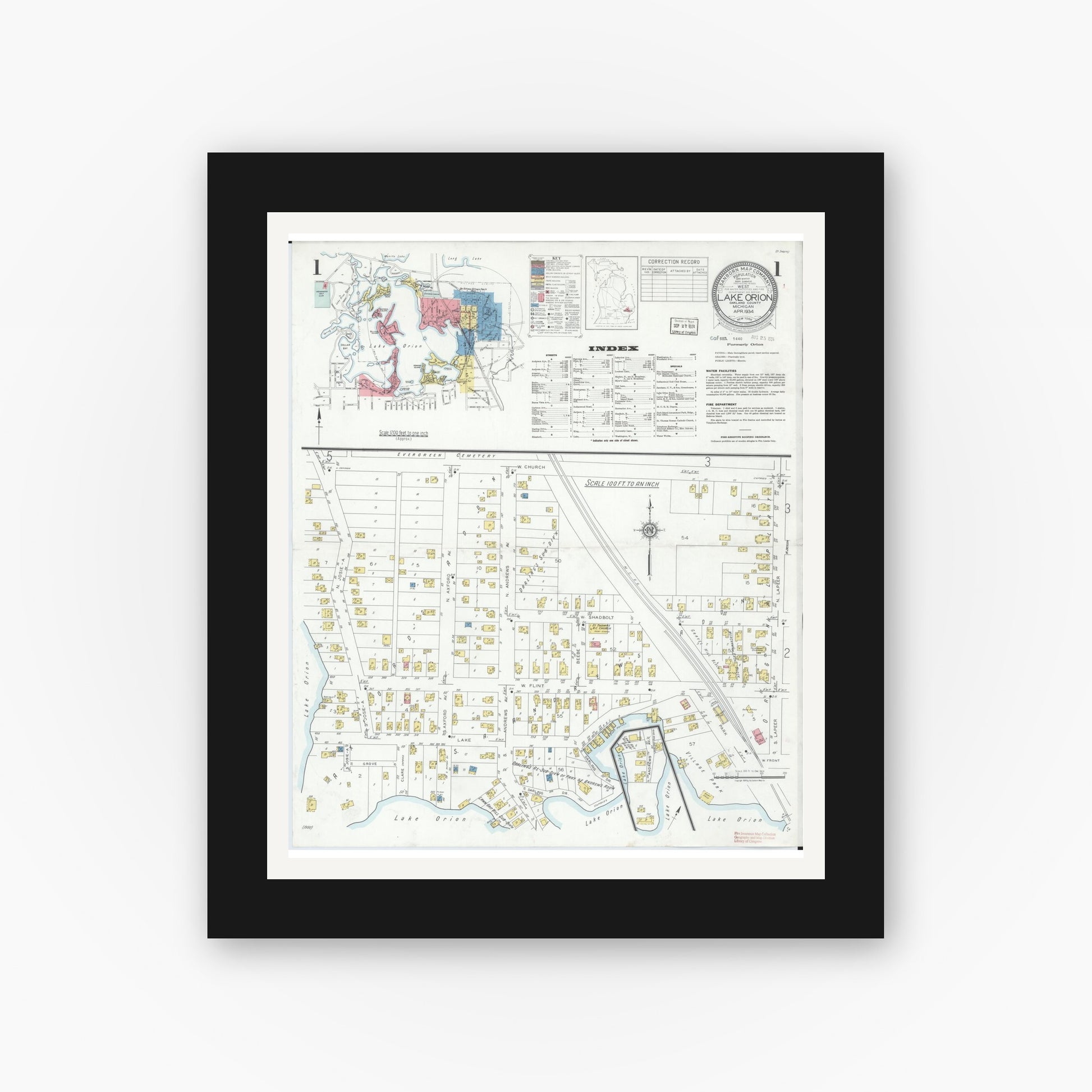 Old map wall art mockup — black gallery frame with white mat — Sanborn Fire Insurance Map from Lake Orion, Oakland County, Michigan (1934) - Complete Map Set