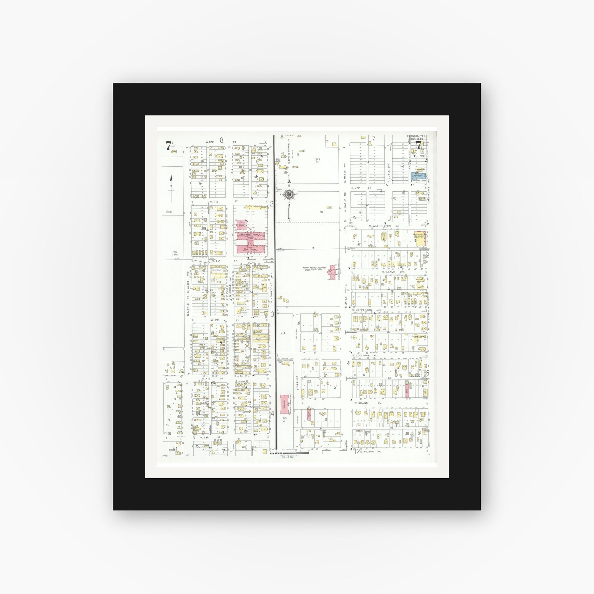 Old map wall art mockup — black gallery frame with white mat — Sanborn Fire Insurance Map from Borger, Hutchinson County, Texas (1940), Sheet #0007
