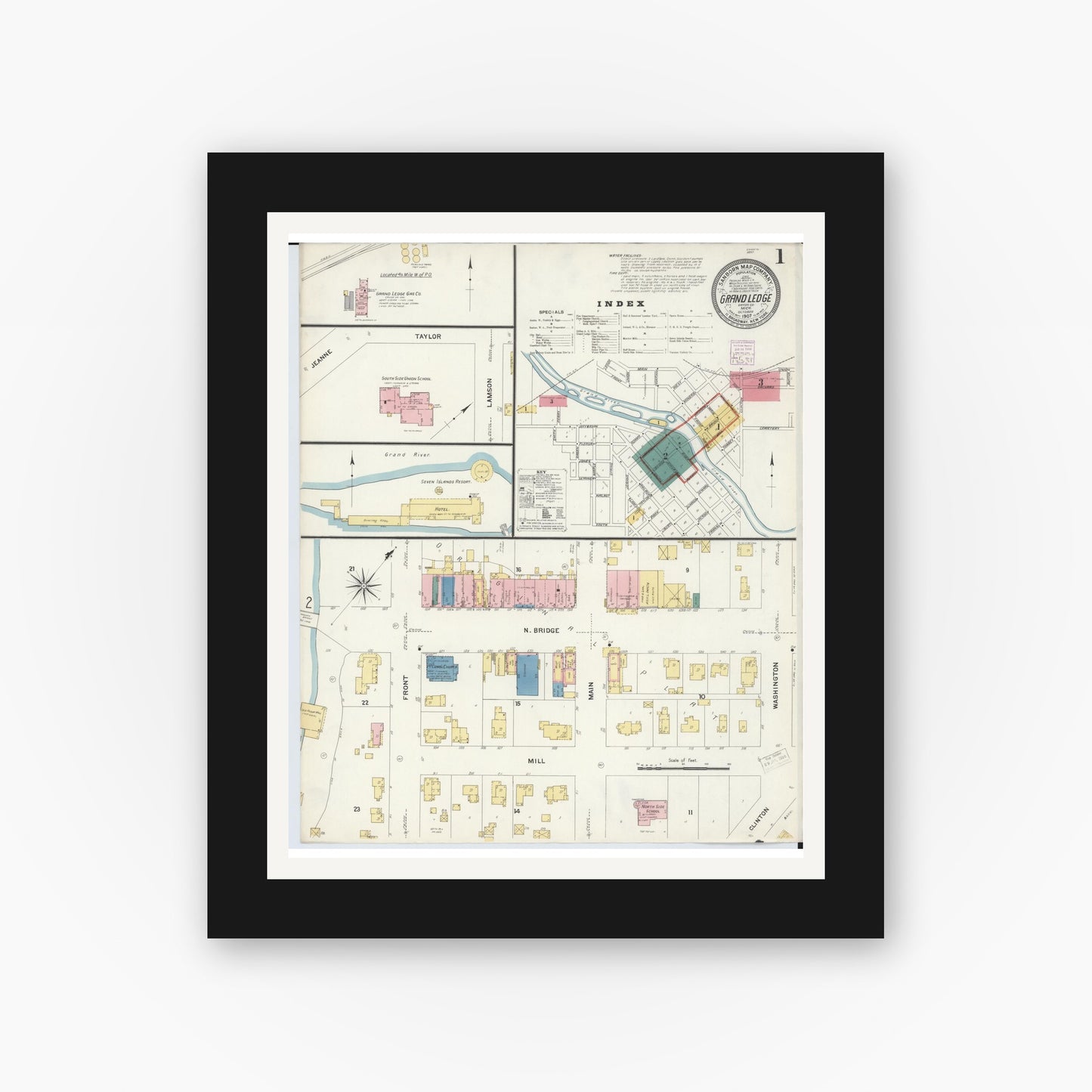 Old map wall art mockup — black gallery frame with white mat — Sanborn Fire Insurance Map from Grand Ledge, Eaton County, Michigan (1907) - Complete Map Set