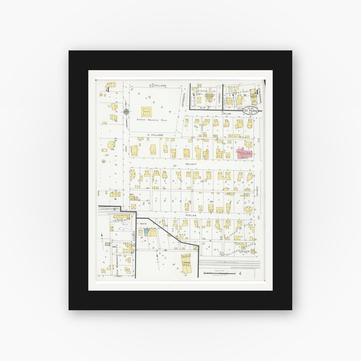 Old map wall art mockup — black gallery frame with white mat — Sanborn Fire Insurance Map from Saint Paris, Champaign County, Ohio (1927), Sheet #0004