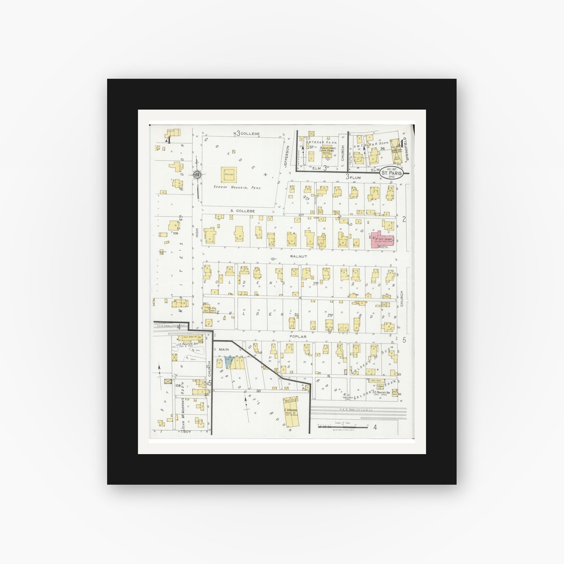 Old map wall art mockup — black gallery frame with white mat — Sanborn Fire Insurance Map from Saint Paris, Champaign County, Ohio (1927), Sheet #0004