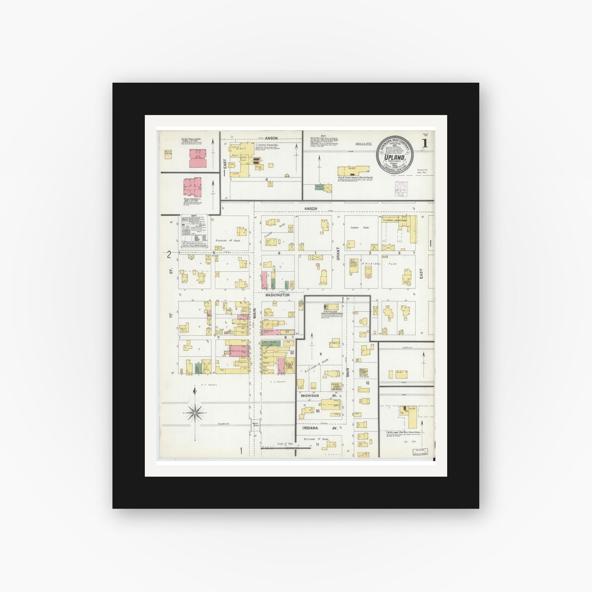 Old map wall art mockup — black gallery frame with white mat — Sanborn Fire Insurance Map from Upland, Grant County, Indiana (1902) - Complete Map Set