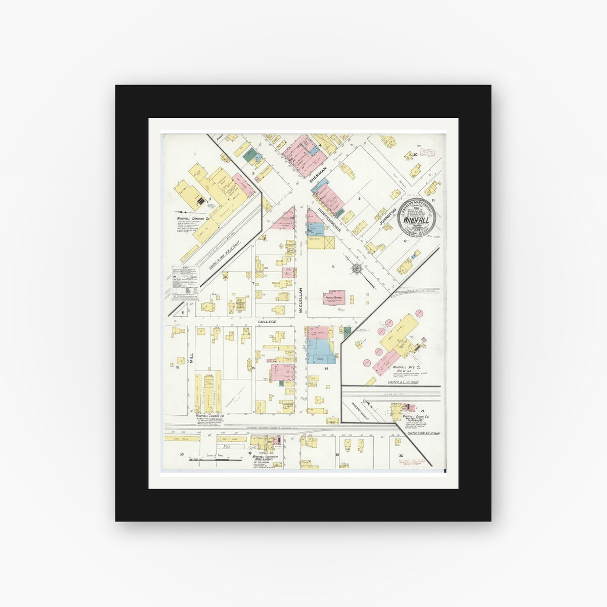 Old map wall art mockup — black gallery frame with white mat — Sanborn Fire Insurance Map from Windfall, Tipton County, Indiana (1909), Sheet #0001