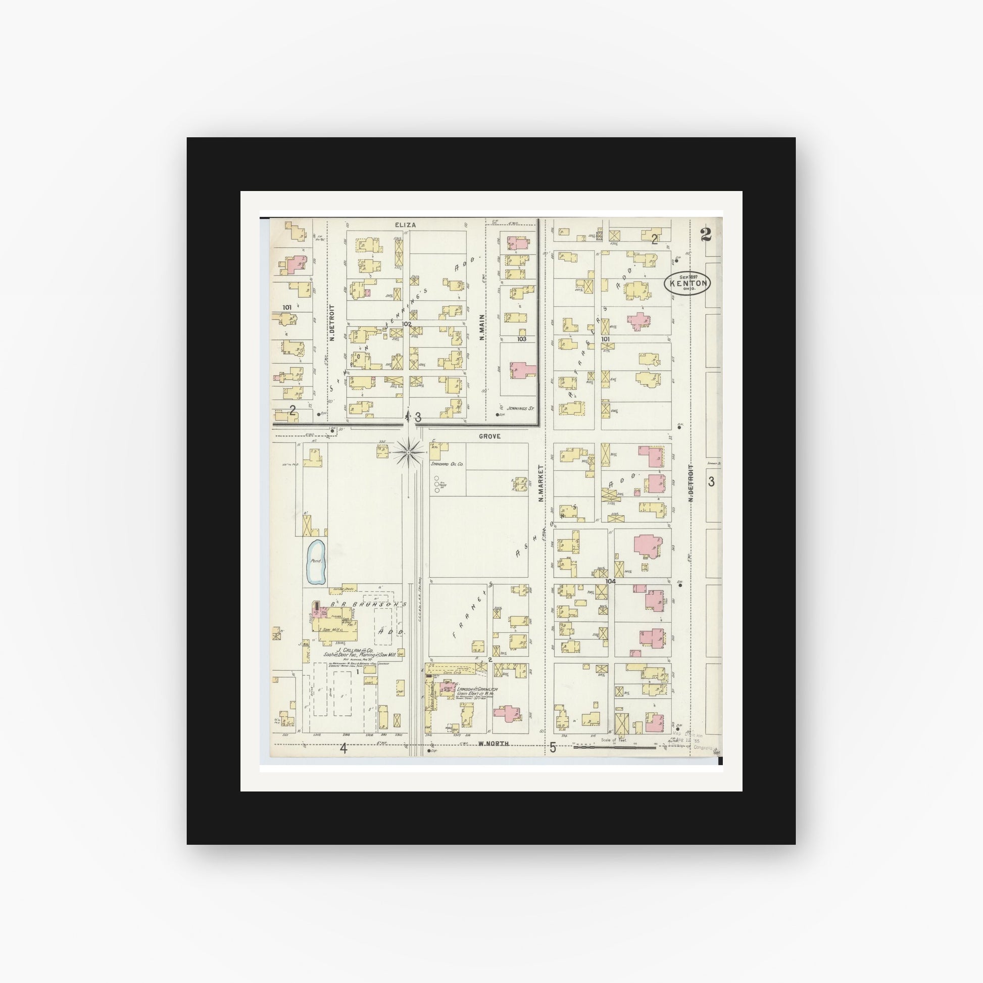 Old map wall art mockup — black gallery frame with white mat — Sanborn Fire Insurance Map from Kenton, Hardin County, Ohio (1897), Sheet #0002