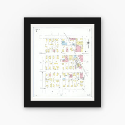Old map wall art mockup — black gallery frame with white mat — Sanborn Fire Insurance Map from Arcanum, Darke County, Ohio (1951), Sheet #0002