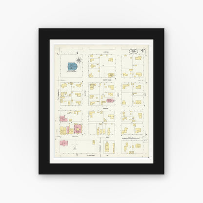 Old map wall art mockup — black gallery frame with white mat — Sanborn Fire Insurance Map from Cuero, De Witt County, Texas (1907), Sheet #0004