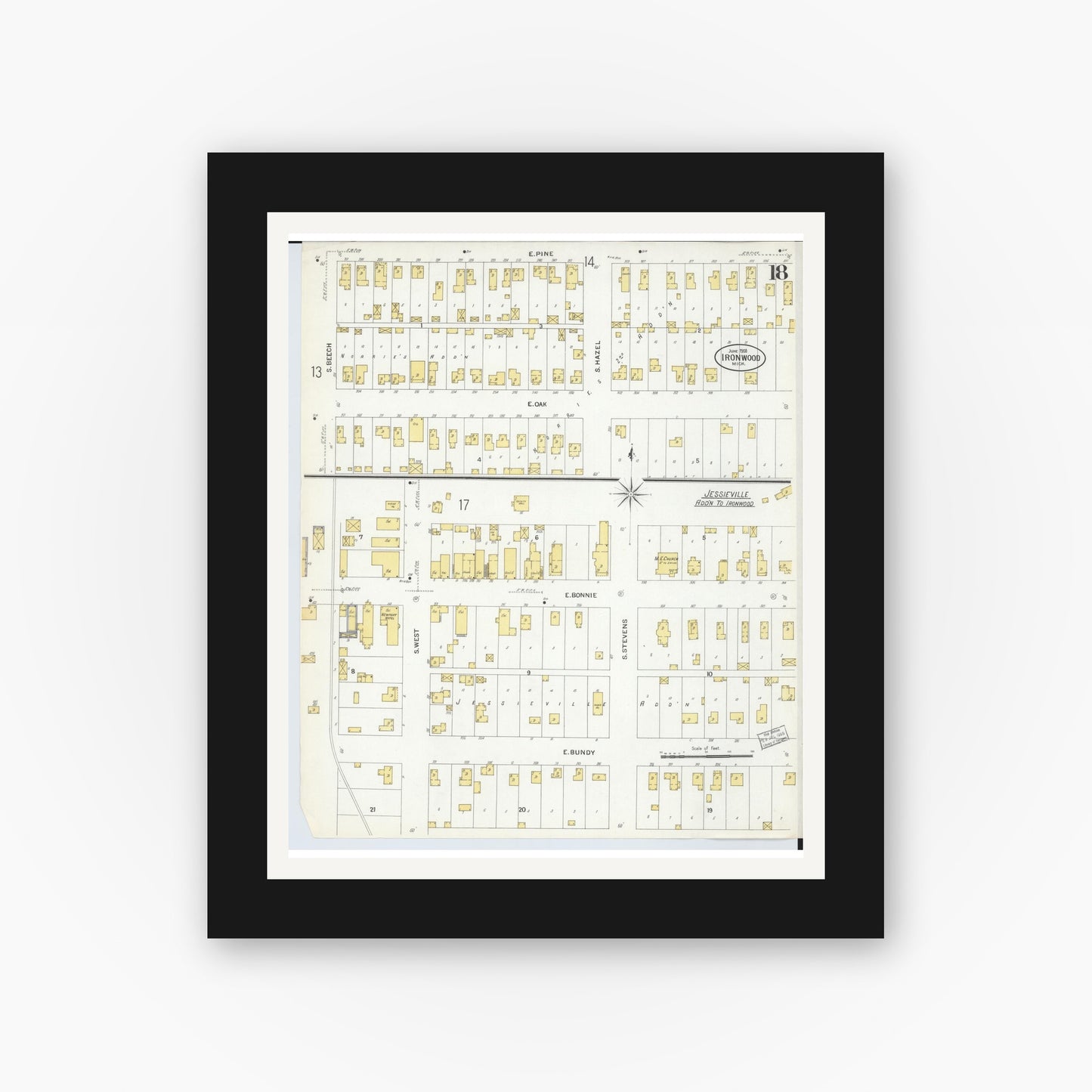Old map wall art mockup — black gallery frame with white mat — Sanborn Fire Insurance Map from Ironwood, Gogebic County, Michigan (1908), Sheet #0018