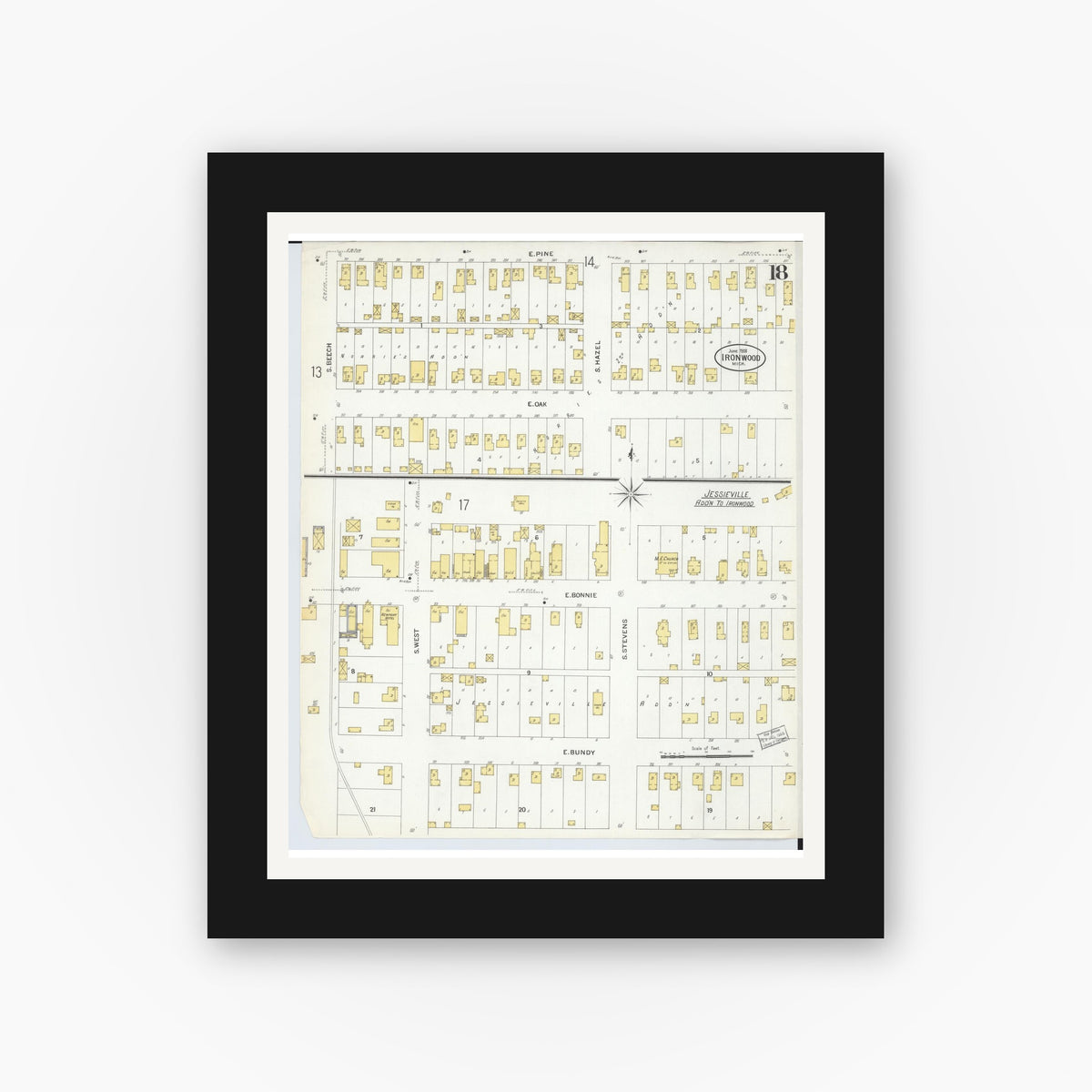 Old map wall art mockup — black gallery frame with white mat — Sanborn Fire Insurance Map from Ironwood, Gogebic County, Michigan (1908), Sheet #0018