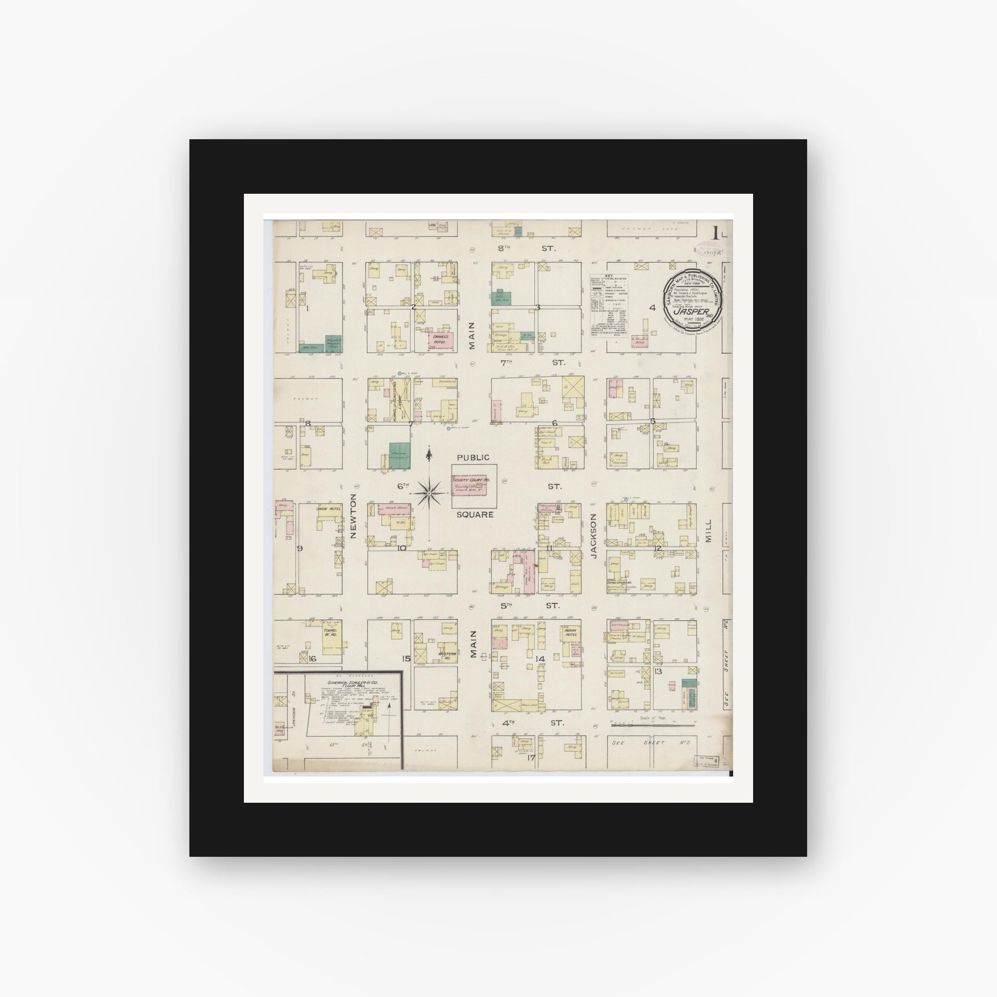 Old map wall art mockup — black gallery frame with white mat — Sanborn Fire Insurance Map from Jasper, Dubois County, Indiana (1886) - Complete Map Set