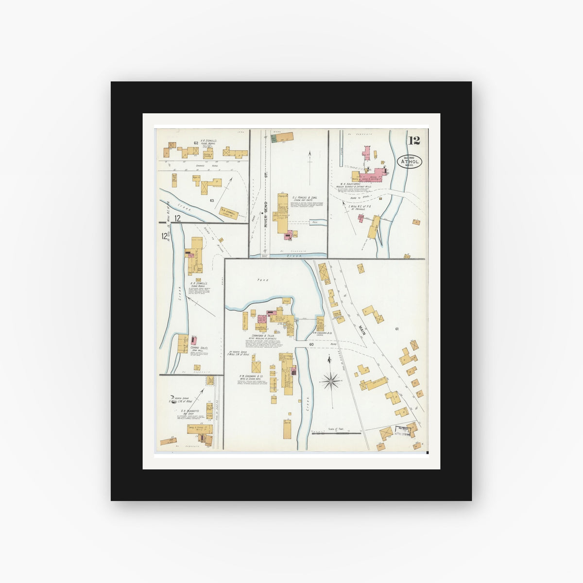 Old map wall art mockup — black gallery frame with white mat — Sanborn Fire Insurance Map from Athol, Worcester County, Massachusetts (1900), Sheet #0012