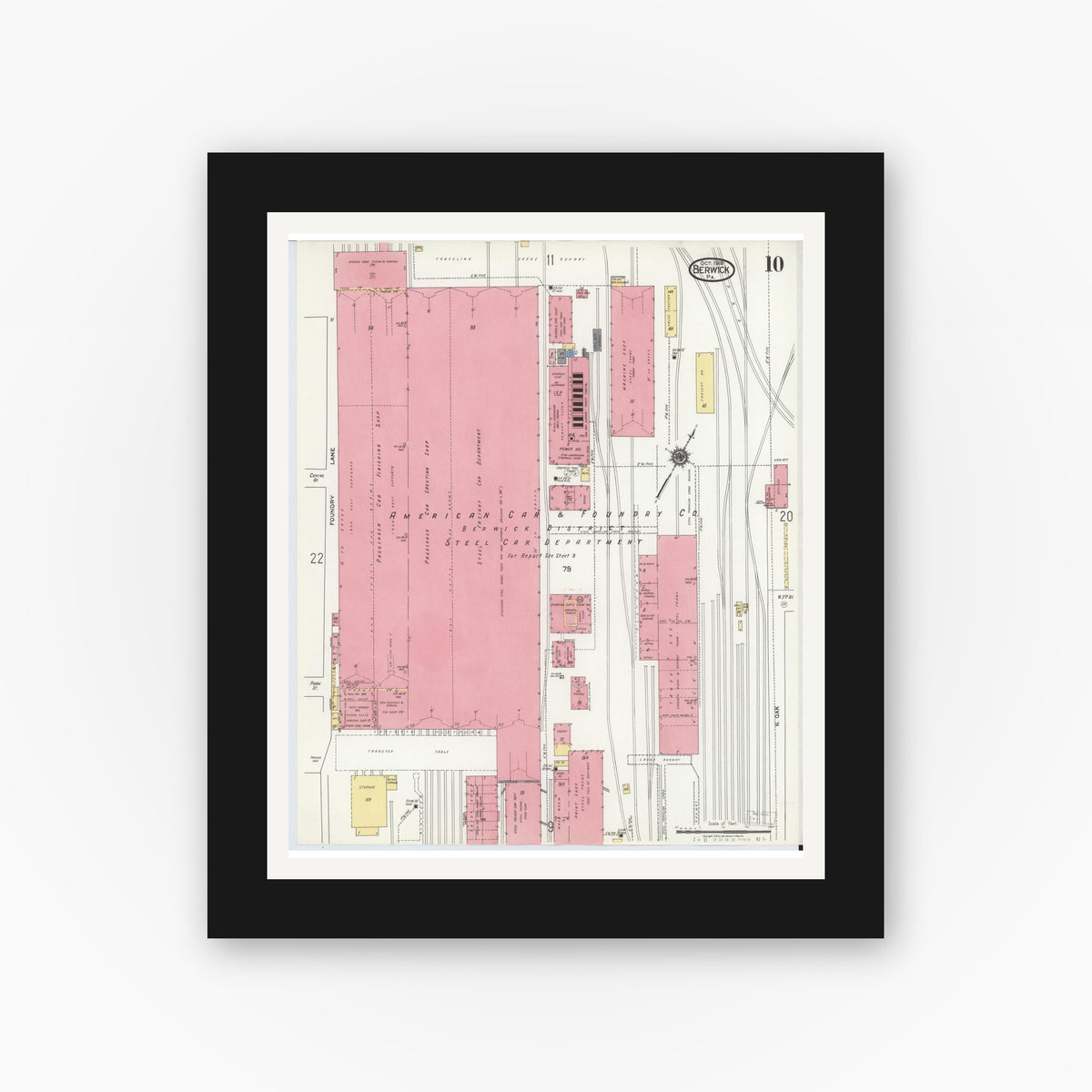 Old map wall art mockup — black gallery frame with white mat — Sanborn Fire Insurance Map from Berwick, Columbia County, Pennsylvania (1918), Sheet #0010