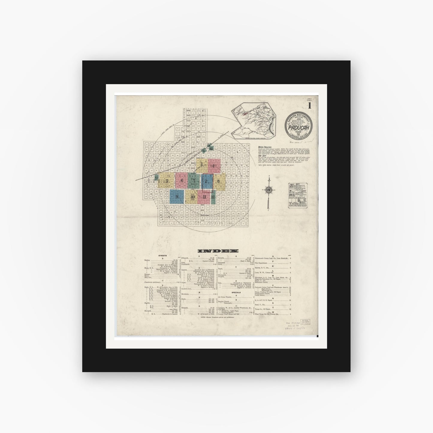 Old map wall art mockup — black gallery frame with white mat — Sanborn Fire Insurance Map from Paducah, Cottle County, Texas (1921) - Complete Map Set