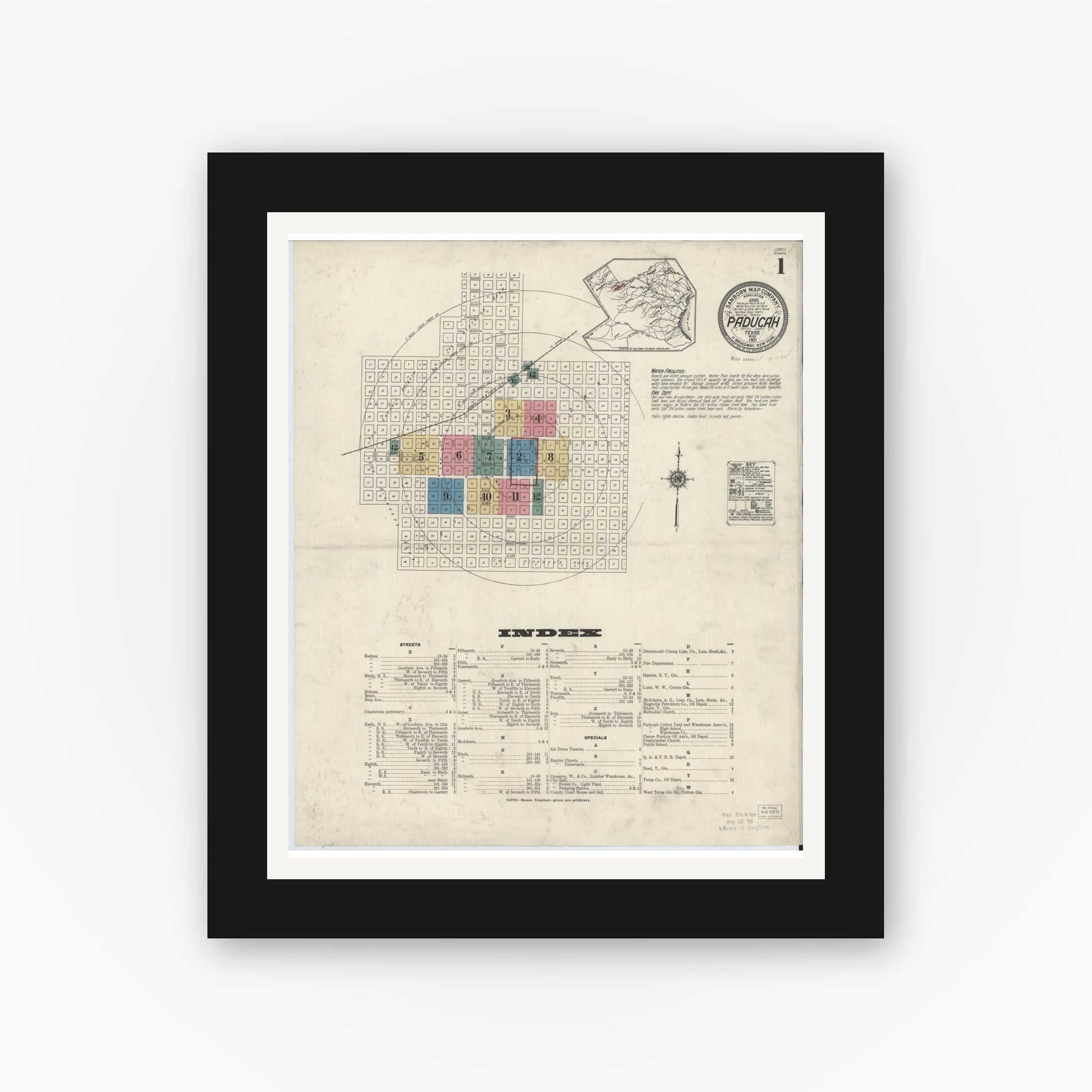 Old map wall art mockup — black gallery frame with white mat — Sanborn Fire Insurance Map from Paducah, Cottle County, Texas (1921) - Complete Map Set