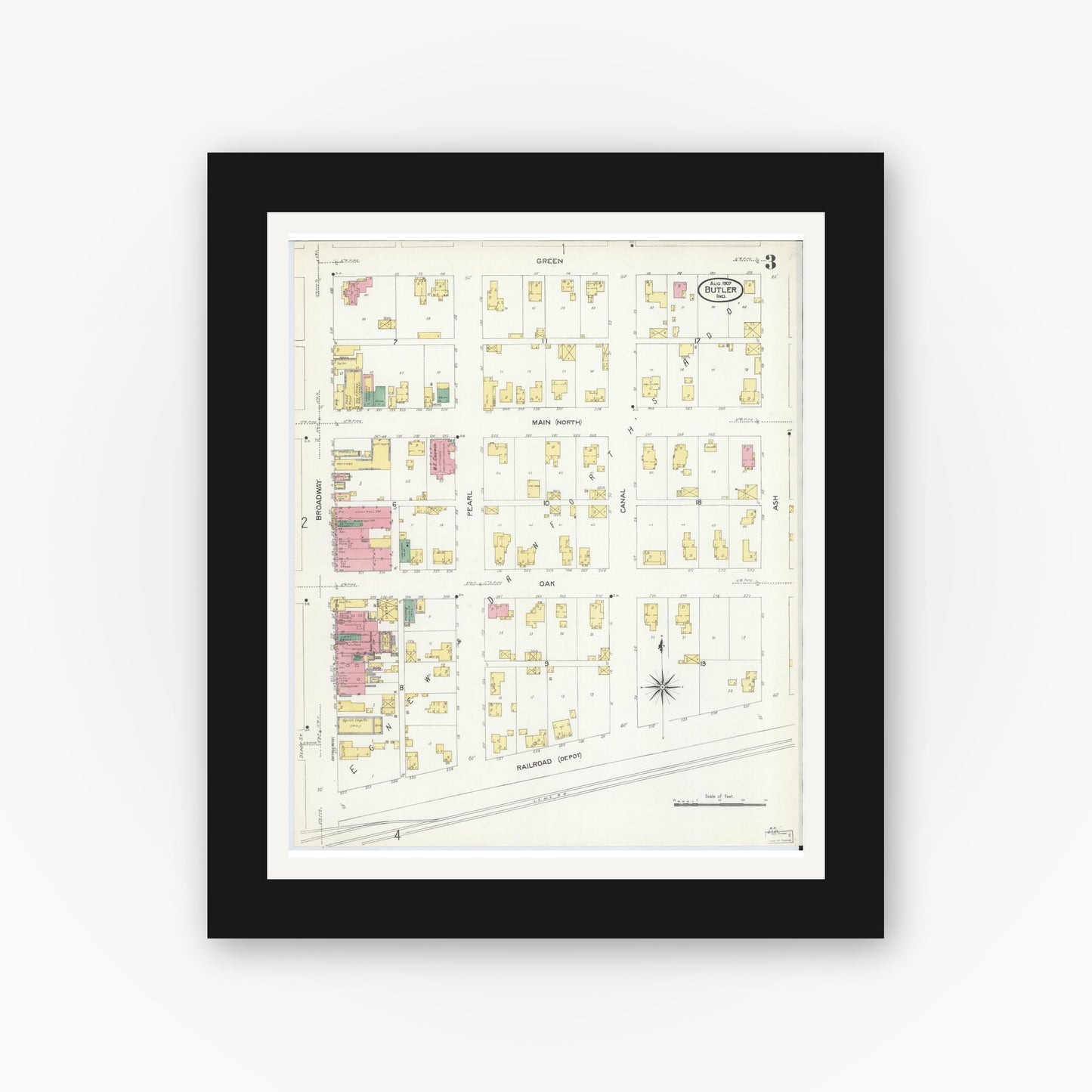 Old map wall art mockup — black gallery frame with white mat — Sanborn Fire Insurance Map from Butler, De Kalb County, Indiana (1907), Sheet #0003