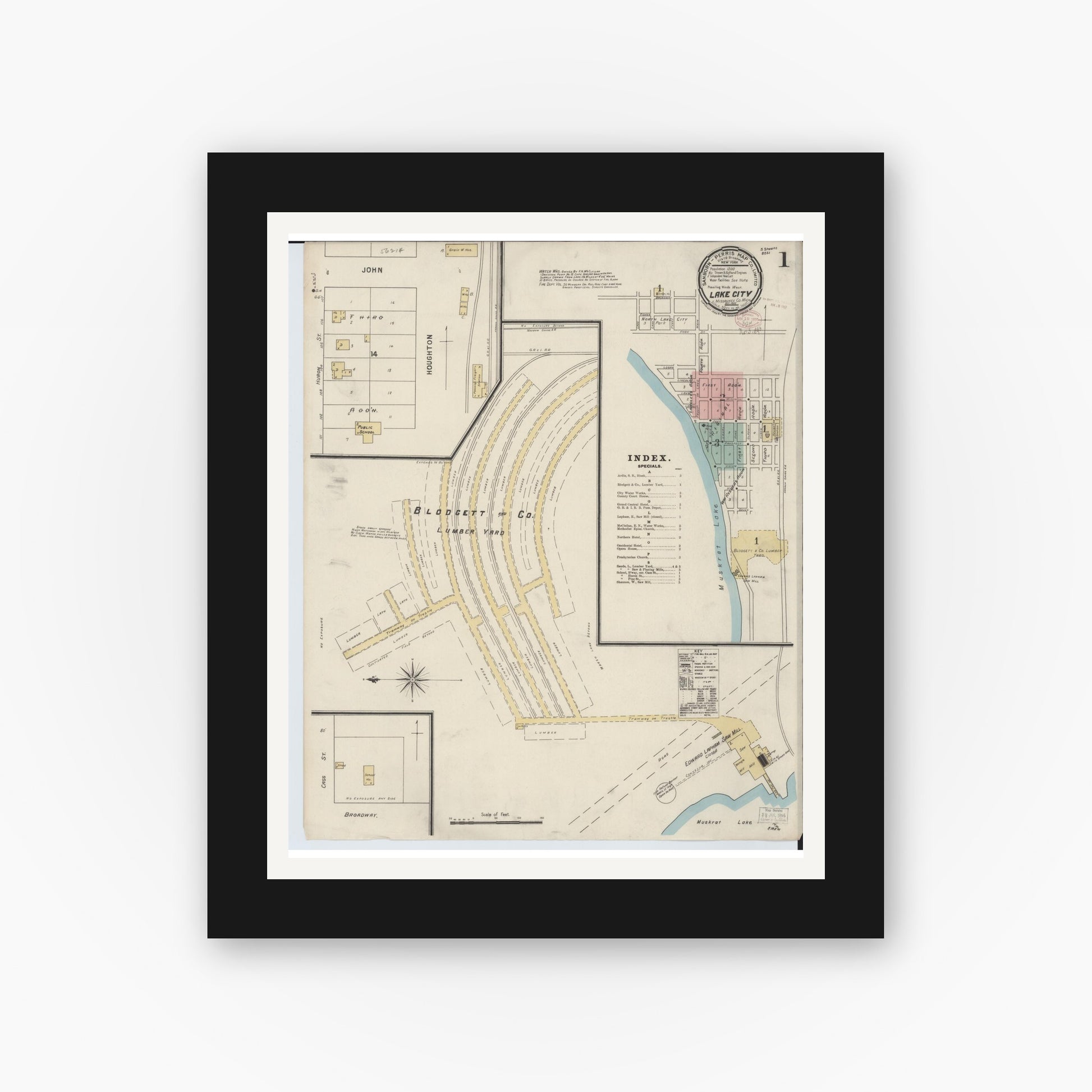 Old map wall art mockup — black gallery frame with white mat — Sanborn Fire Insurance Map from Lake City, Missaukee County, Michigan (1895) - Complete Map Set
