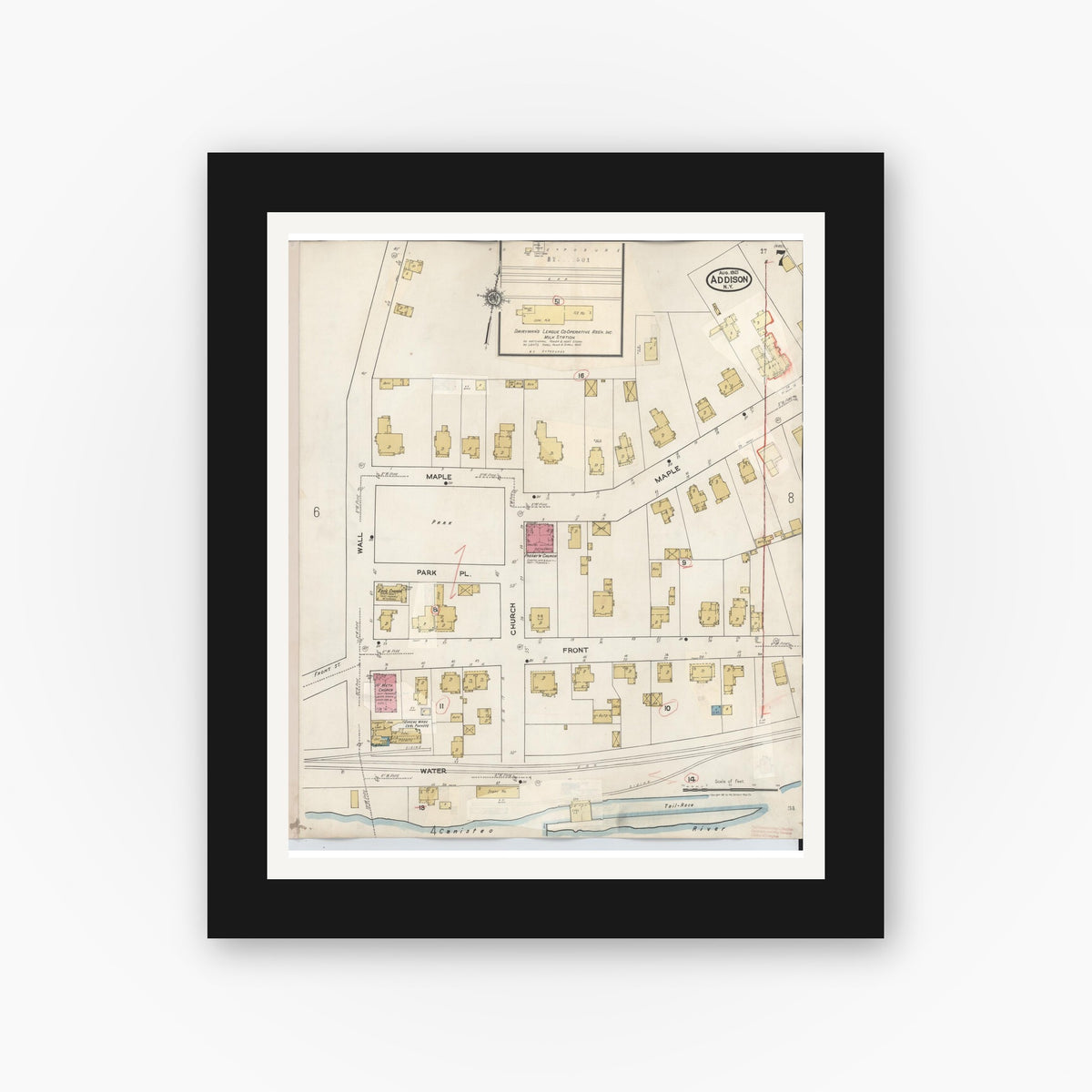Old map wall art mockup — black gallery frame with white mat — Sanborn Fire Insurance Map from Addison, Steuben County, New York (1945), Sheet #0007