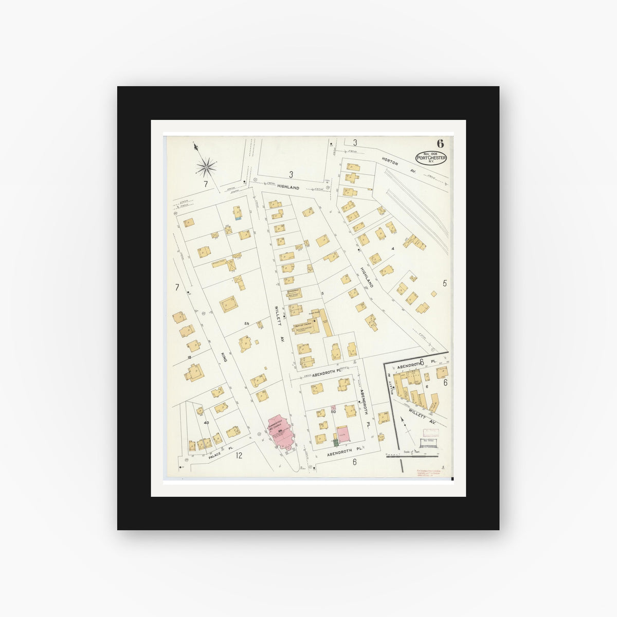 Old map wall art mockup — black gallery frame with white mat — Sanborn Fire Insurance Map from Port Chester, Westchester County, New York (1908), Sheet #0006