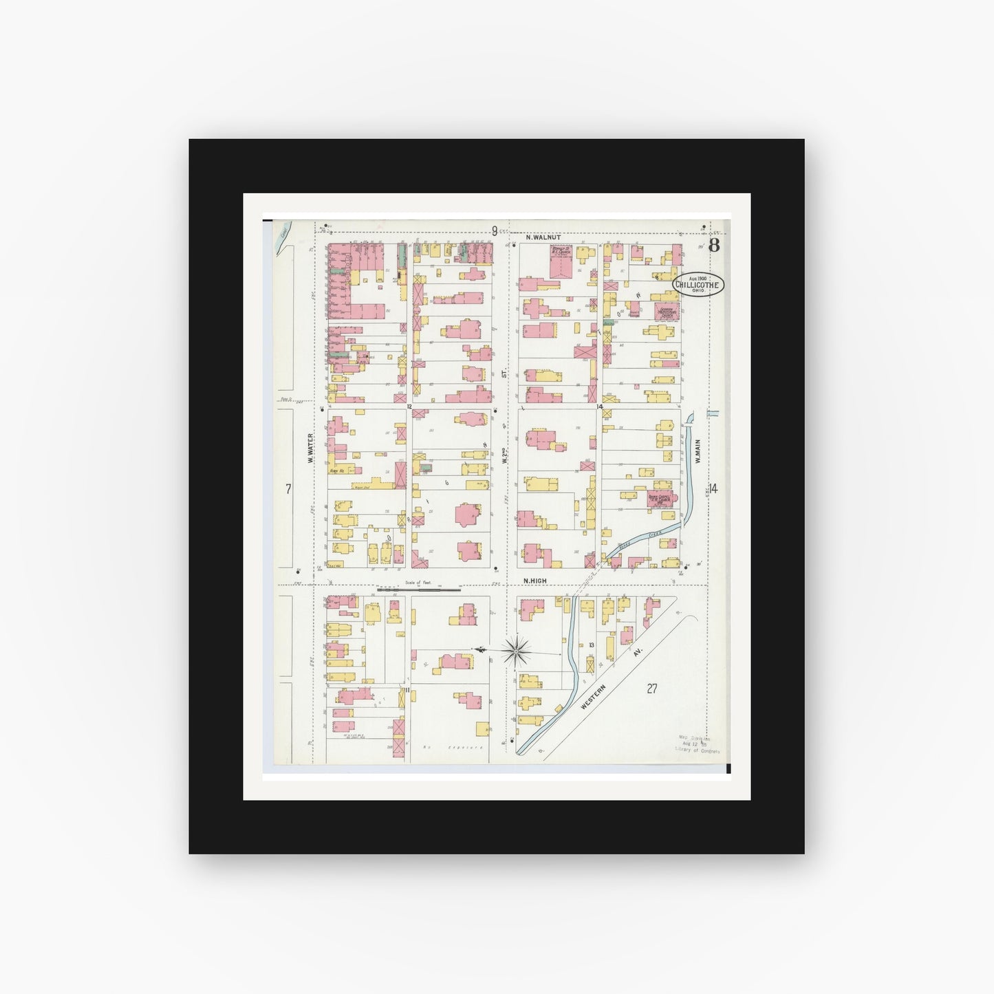 Old map wall art mockup — black gallery frame with white mat — Sanborn Fire Insurance Map from Chillicothe, Ross County, Ohio (1900), Sheet #0008