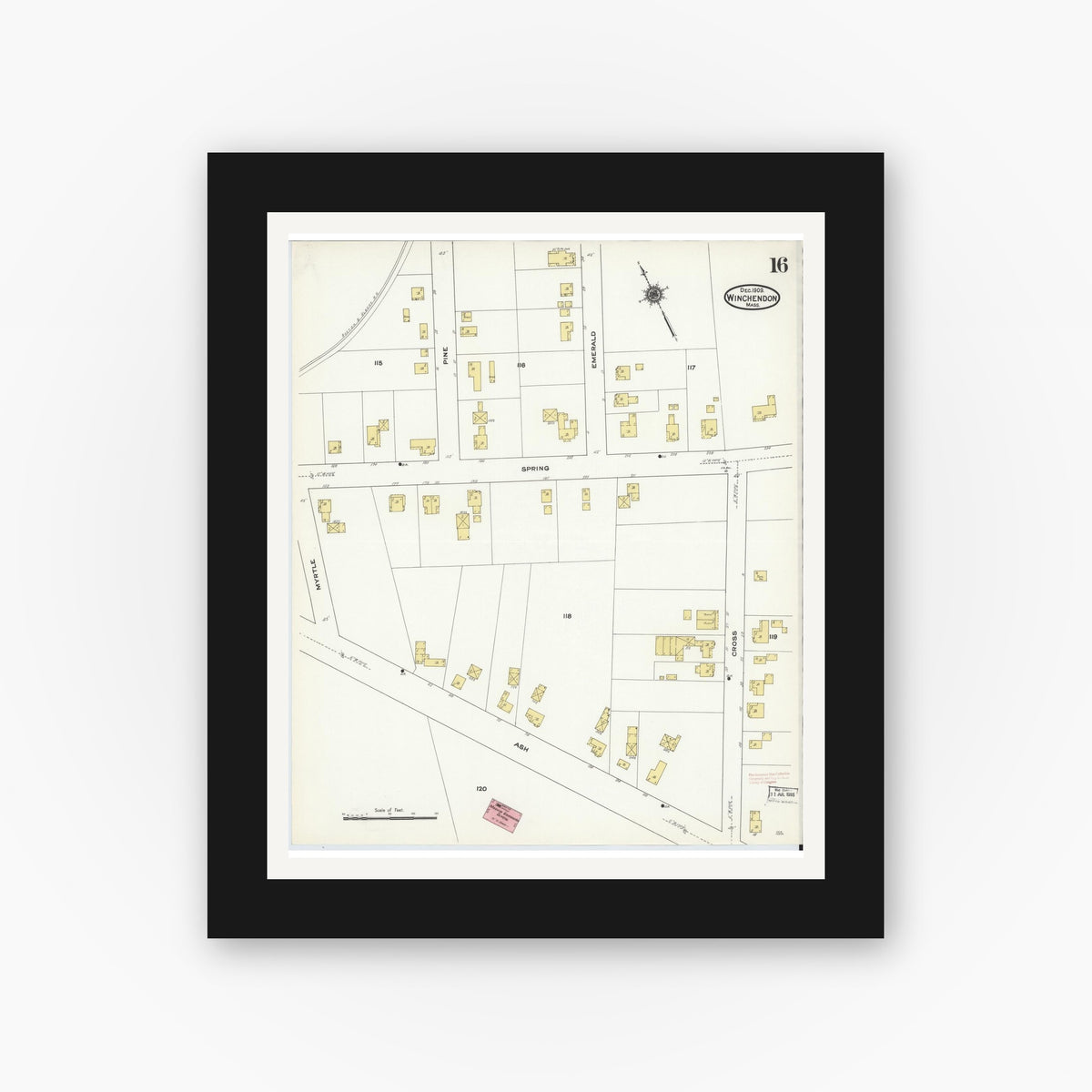 Old map wall art mockup — black gallery frame with white mat — Sanborn Fire Insurance Map from Winchendon, Worcester County, Massachusetts (1909), Sheet #0016