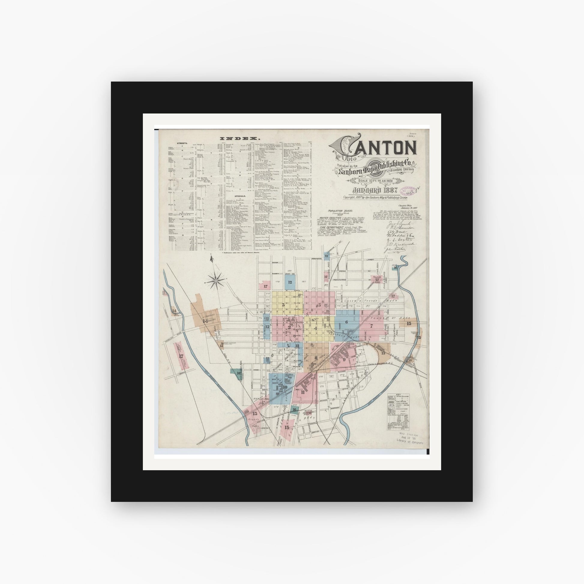 Old map wall art mockup — black gallery frame with white mat — Sanborn Fire Insurance Map from Canton, Stark County, Ohio (1887), Sheet #0001